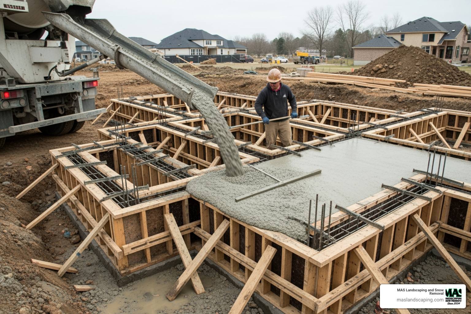 concrete being poured into forms for a house foundation - poured concrete walls cost