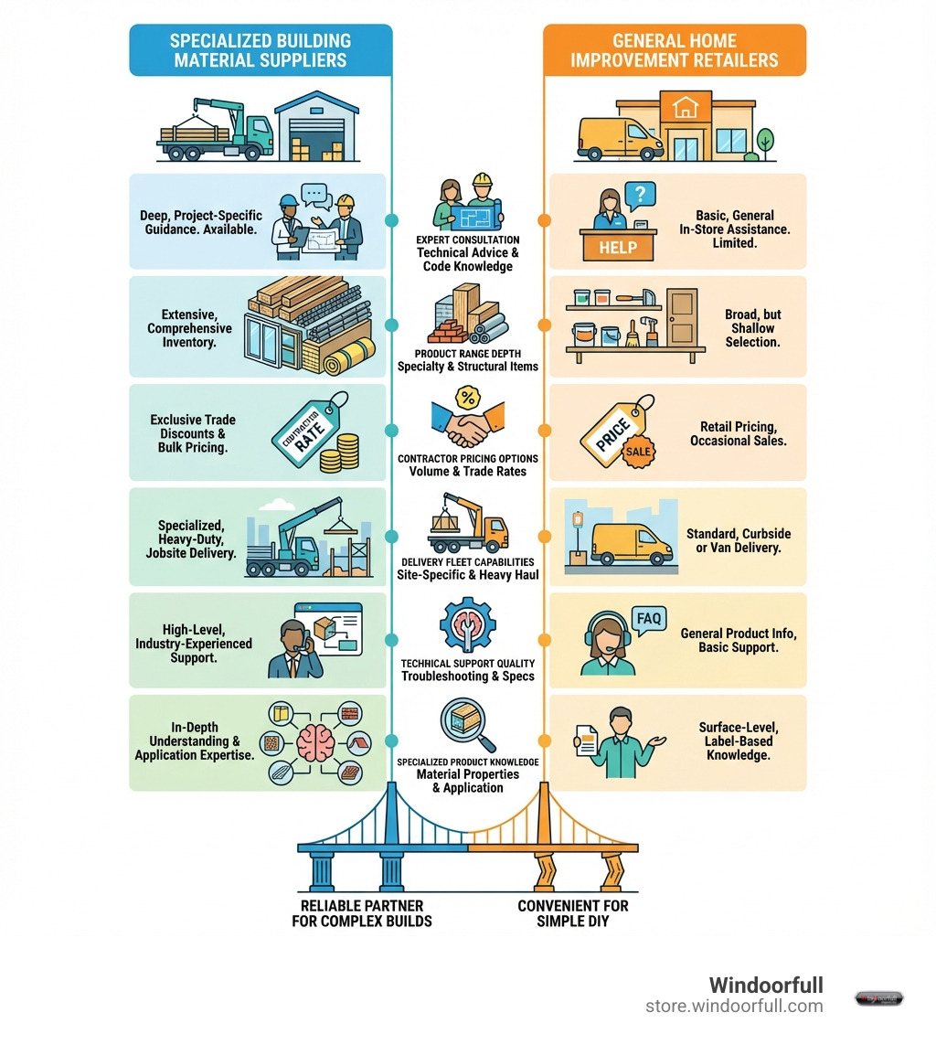 infographic showing the differences between specialized building material suppliers and general home improvement retailers, including factors like expert consultation availability, product range depth, contractor pricing options, delivery fleet capabilities, technical support quality, and specialized product knowledge - Building materials supplier infographic 