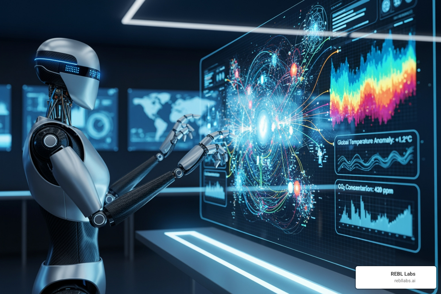 AI robot interacting with a complex data visualization on a screen - B2B AI marketing tools AI robot interacting with a complex data visualization on a screen - B2B AI marketing tools