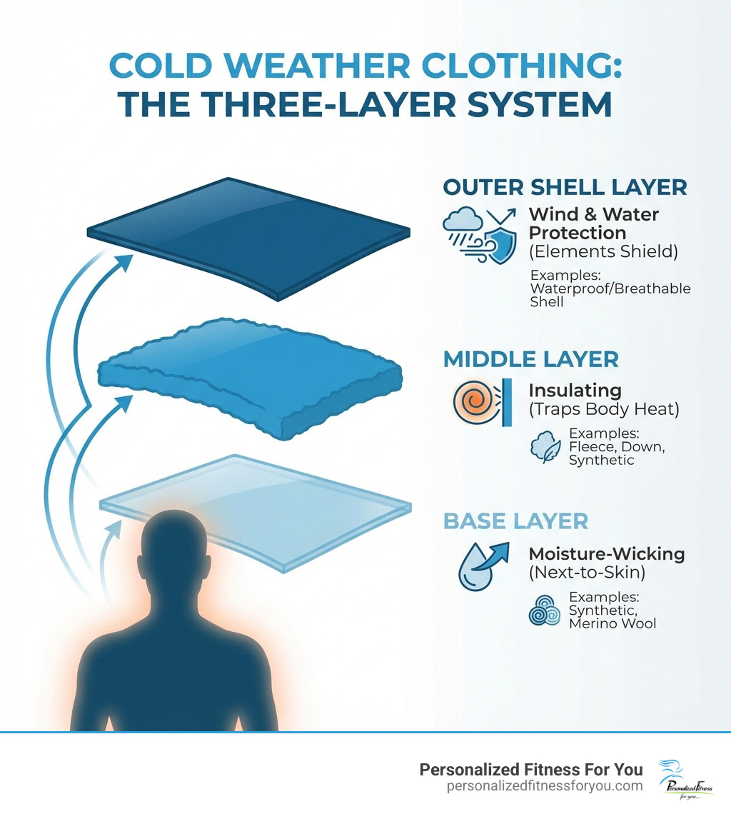 Infographic showing three layers of cold weather clothing: base layer for moisture-wicking next to skin, middle insulating layer for trapping body heat, and outer shell layer for wind and water protection, with examples of each layer type and their key functions - cold weather gear infographic Infographic showing three layers of cold weather clothing: base layer for moisture-wicking next to skin, middle insulating layer for trapping body heat, and outer shell layer for wind and water protection, with examples of each layer type and their key functions - cold weather gear infographic