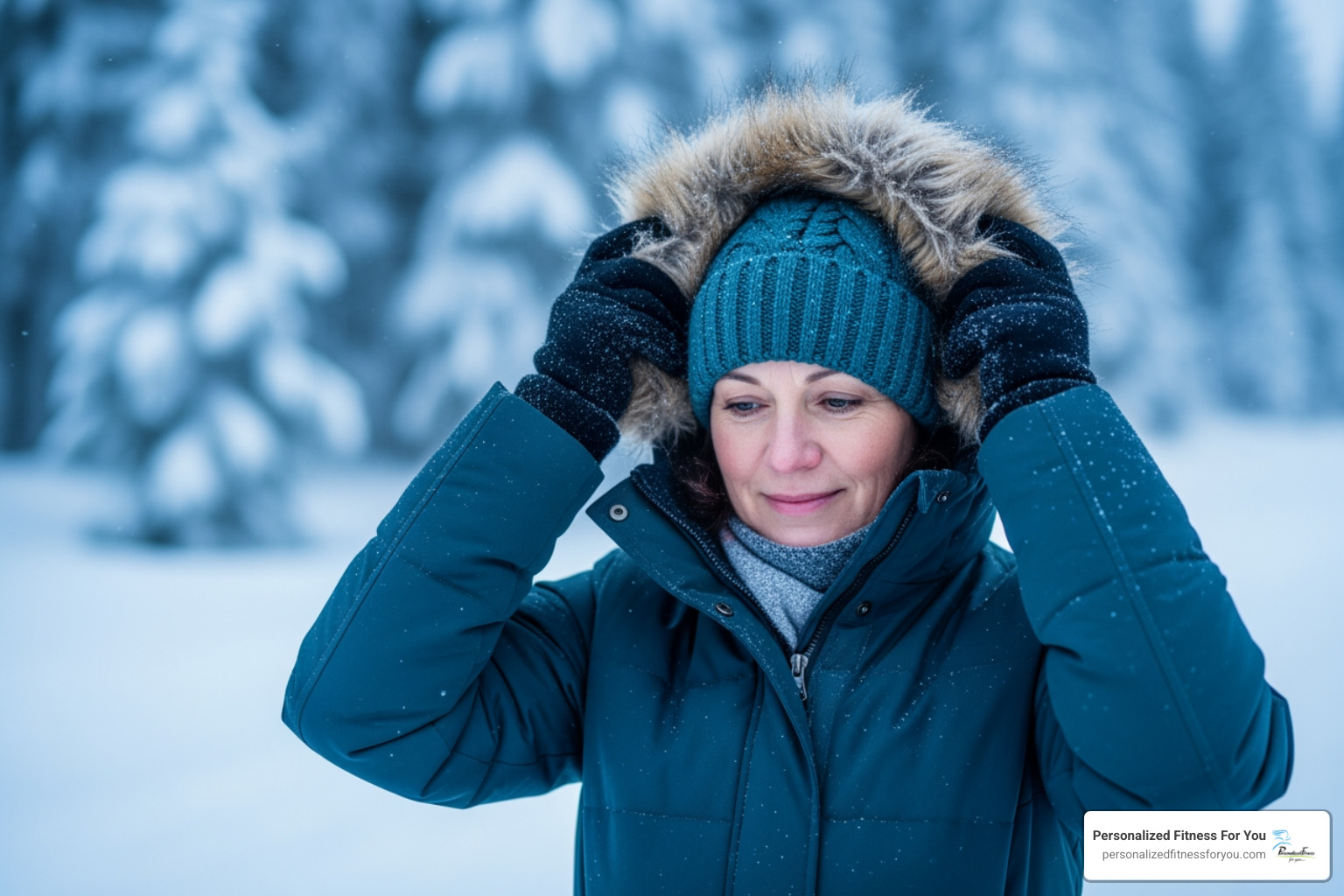 Woman adjusting the hood of her winter jacket - cold weather gear Woman adjusting the hood of her winter jacket - cold weather gear