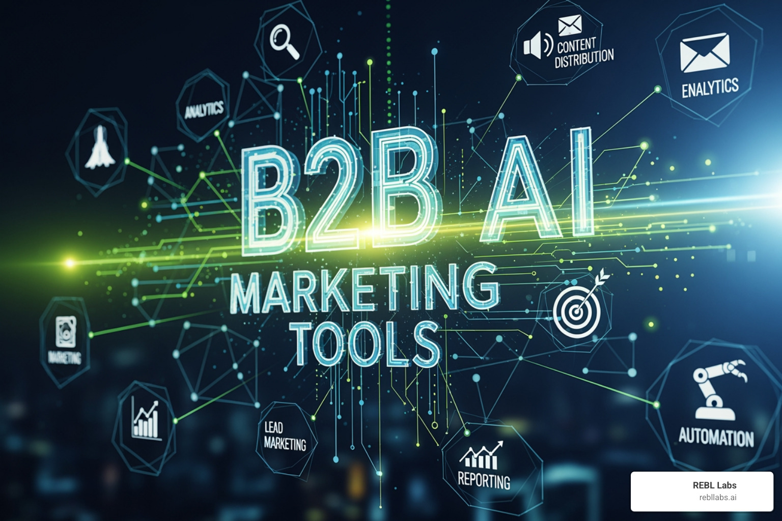 Various AI tool icons categorized by function like content, sales, analytics, and advertising - B2B AI marketing tools Various AI tool icons categorized by function like content, sales, analytics, and advertising - B2B AI marketing tools