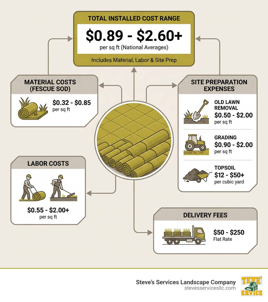 Infographic showing the total cost breakdown of a sod installation project, including material costs for fescue sod ($0.32-$0.85 per sq ft), labor costs ($0.55-$2.00+ per sq ft), site preparation expenses (old lawn removal $0.50-$2.00 per sq ft, grading $0.90-$2.00 per sq ft, topsoil $12-$50+ per cubic yard), delivery fees ($50-$250), and total installed cost range ($0.89-$2.60+ per sq ft) - cost of fescue sod per sq ft infographic Infographic showing the total cost breakdown of a sod installation project, including material costs for fescue sod ($0.32-$0.85 per sq ft), labor costs ($0.55-$2.00+ per sq ft), site preparation expenses (old lawn removal $0.50-$2.00 per sq ft, grading $0.90-$2.00 per sq ft, topsoil $12-$50+ per cubic yard), delivery fees ($50-$250), and total installed cost range ($0.89-$2.60+ per sq ft) - cost of fescue sod per sq ft infographic