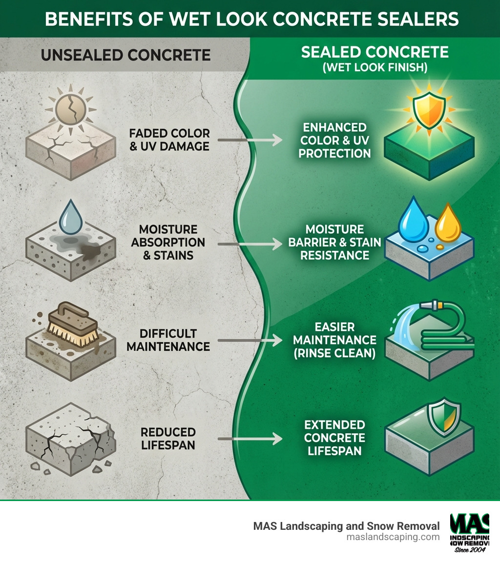 infographic showing the benefits of wet look concrete sealers including enhanced color, UV protection, stain resistance, moisture barrier, extended concrete lifespan, and easier maintenance compared to unsealed concrete - best wet look concrete sealer infographic infographic showing the benefits of wet look concrete sealers including enhanced color, UV protection, stain resistance, moisture barrier, extended concrete lifespan, and easier maintenance compared to unsealed concrete - best wet look concrete sealer infographic