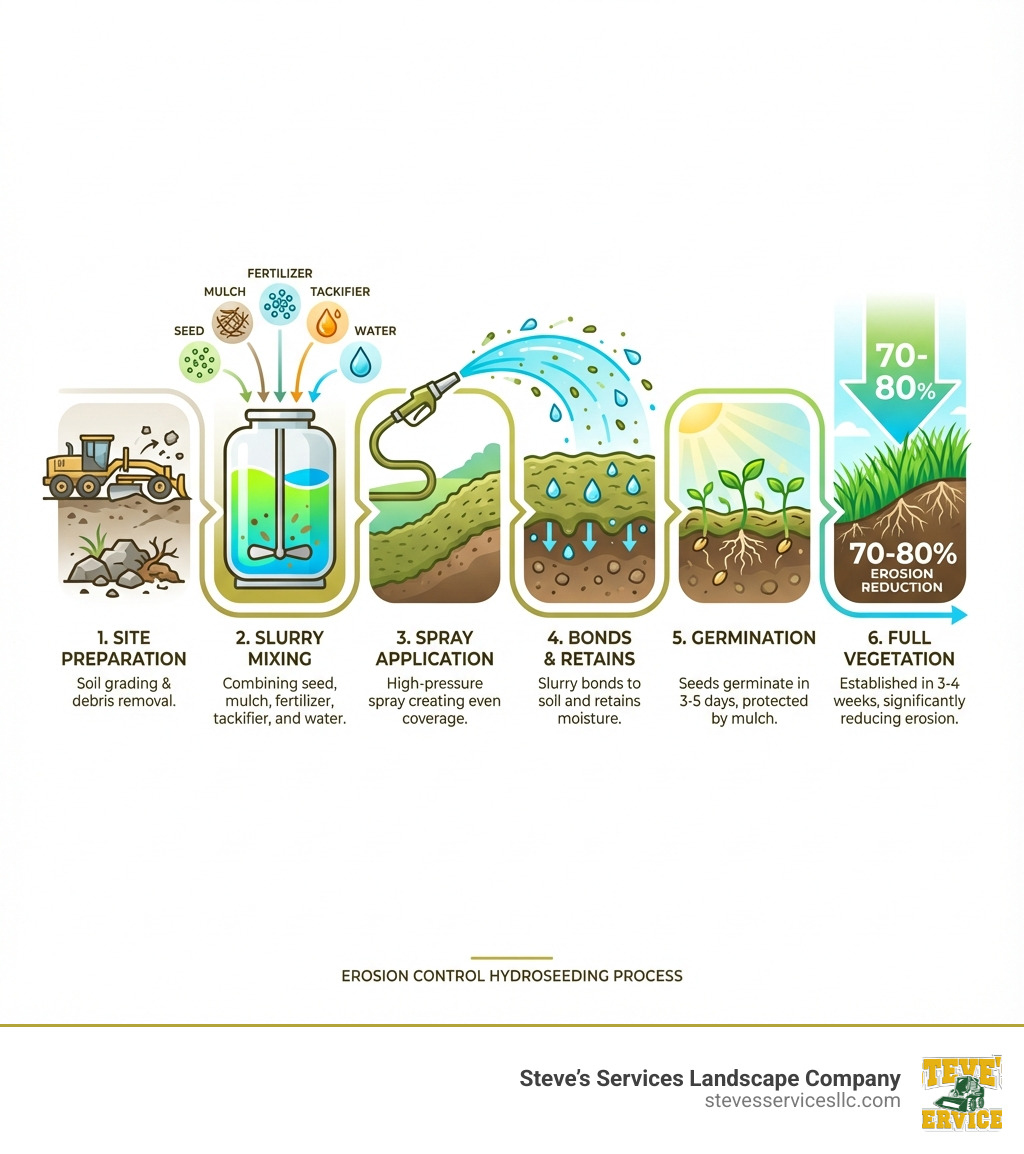 Infographic showing the hydroseeding process: 1. Site preparation with soil grading and debris removal, 2. Slurry mixing in hydroseeder tank combining seed, mulch, fertilizer, tackifier and water, 3. High-pressure spray application creating even coverage, 4. Slurry bonds to soil and retains moisture, 5. Seeds germinate in 3-5 days protected by mulch layer, 6. Full vegetation establishment in 3-4 weeks reducing erosion by 70-80% - Erosion control hydroseeding infographic 