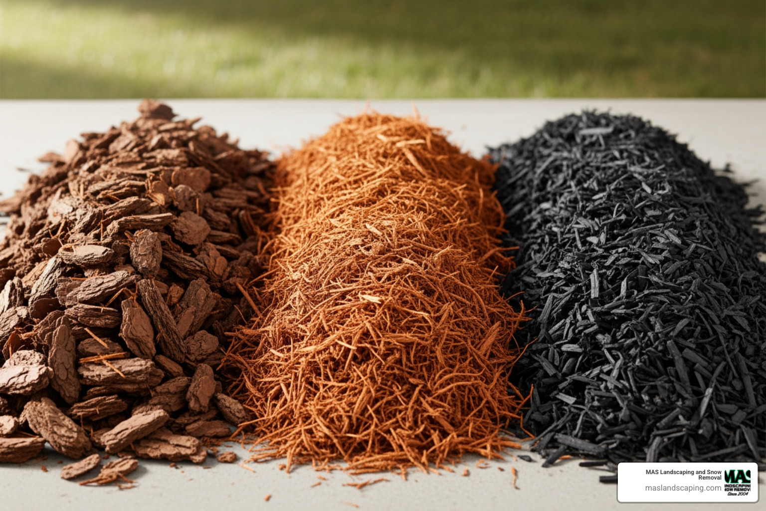 different types of mulch, like pine bark, cedar, and rubber, side-by-side - average cost of 1 yard of mulch