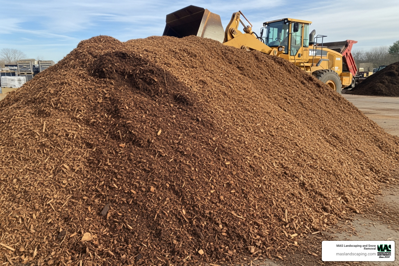 large pile of bulk hardwood mulch at a landscaping supply yard - average cost of 1 yard of mulch