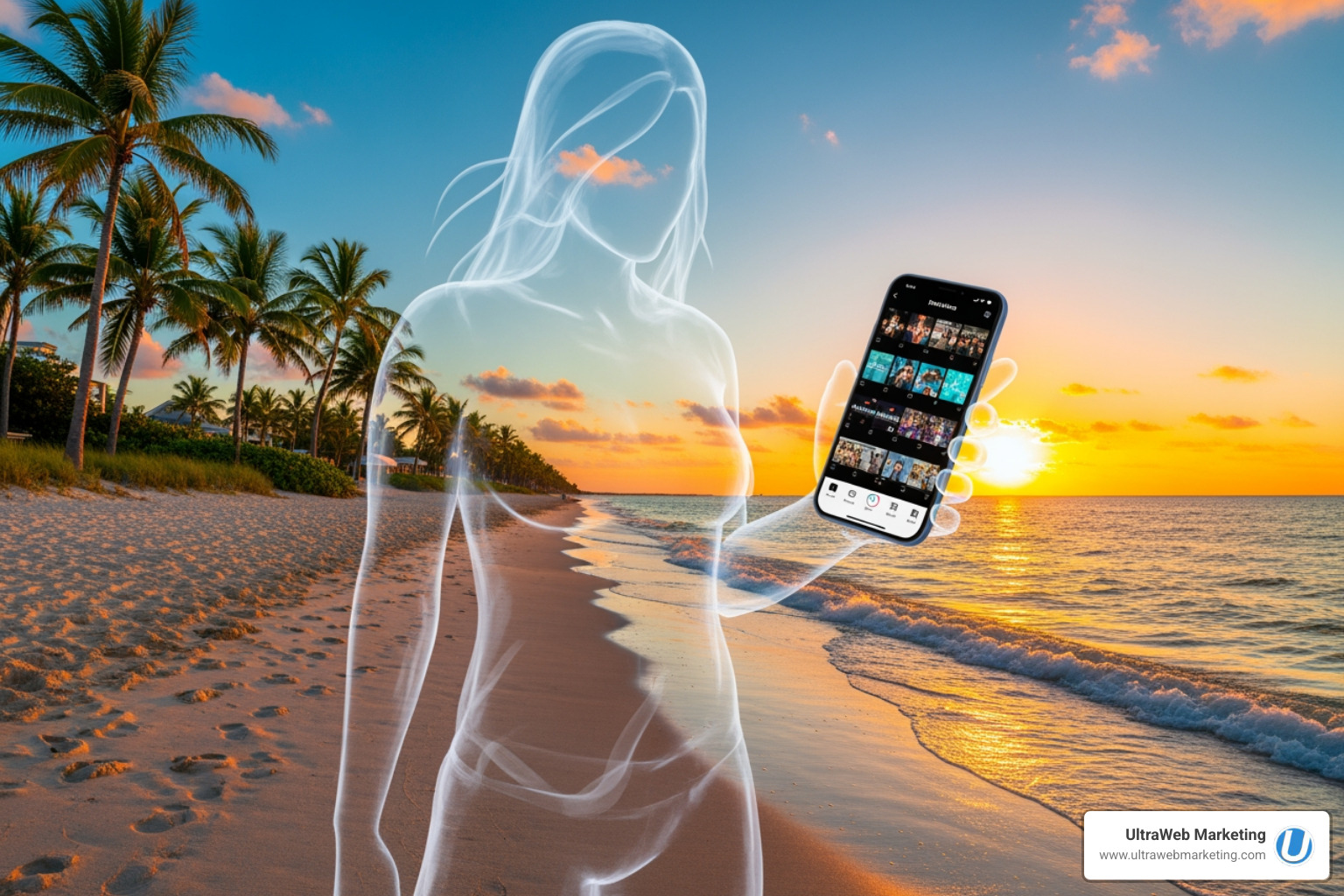 A ghostly figure using a smartphone to scroll through TikTok on a vibrant Florida beach - TikTok marketing Florida