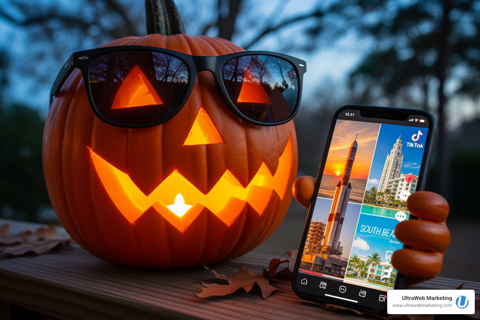 A spooky but friendly pumpkin wearing sunglasses, holding a smartphone displaying a viral TikTok video with Florida landmarks - TikTok marketing Florida