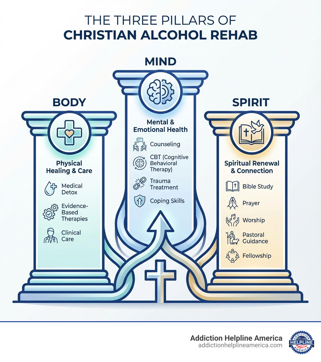 Infographic showing the three pillars of Christian alcohol rehab: Body (medical detox, evidence-based therapies, clinical care), Mind (counseling, CBT, trauma treatment, coping skills), and Spirit (Bible study, prayer, worship, pastoral guidance, fellowship) - Christian alcohol rehab infographic 