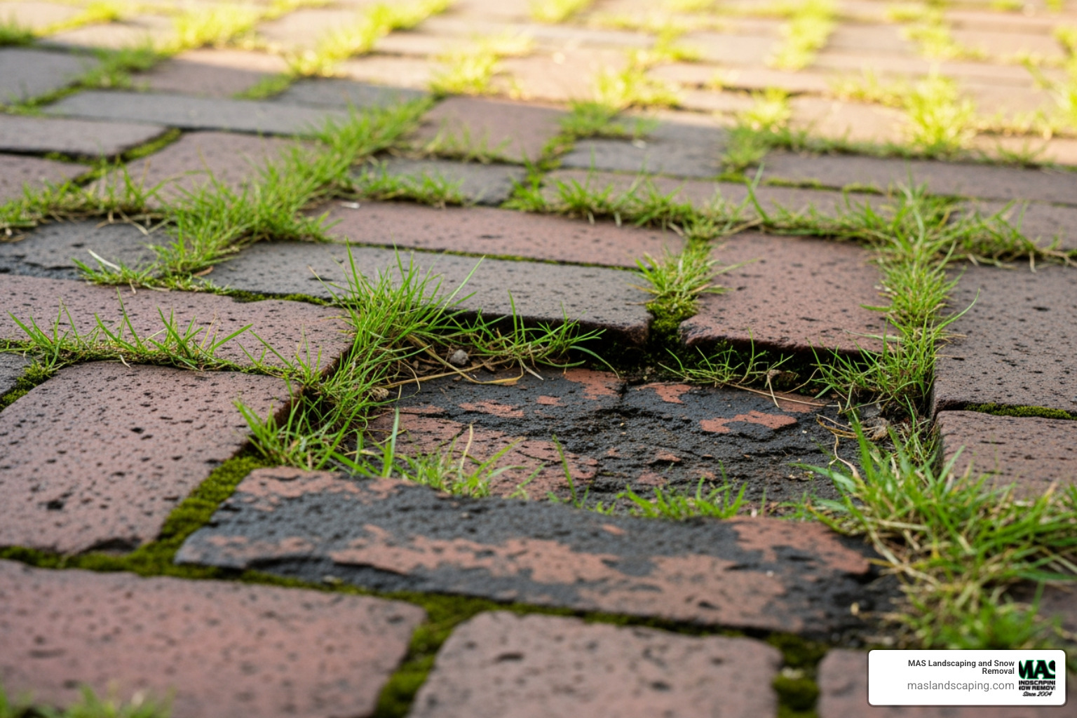 Pavers showing common issues like weeds growing through cracks, a sunken area, and noticeable discoloration. - paver restoration near me