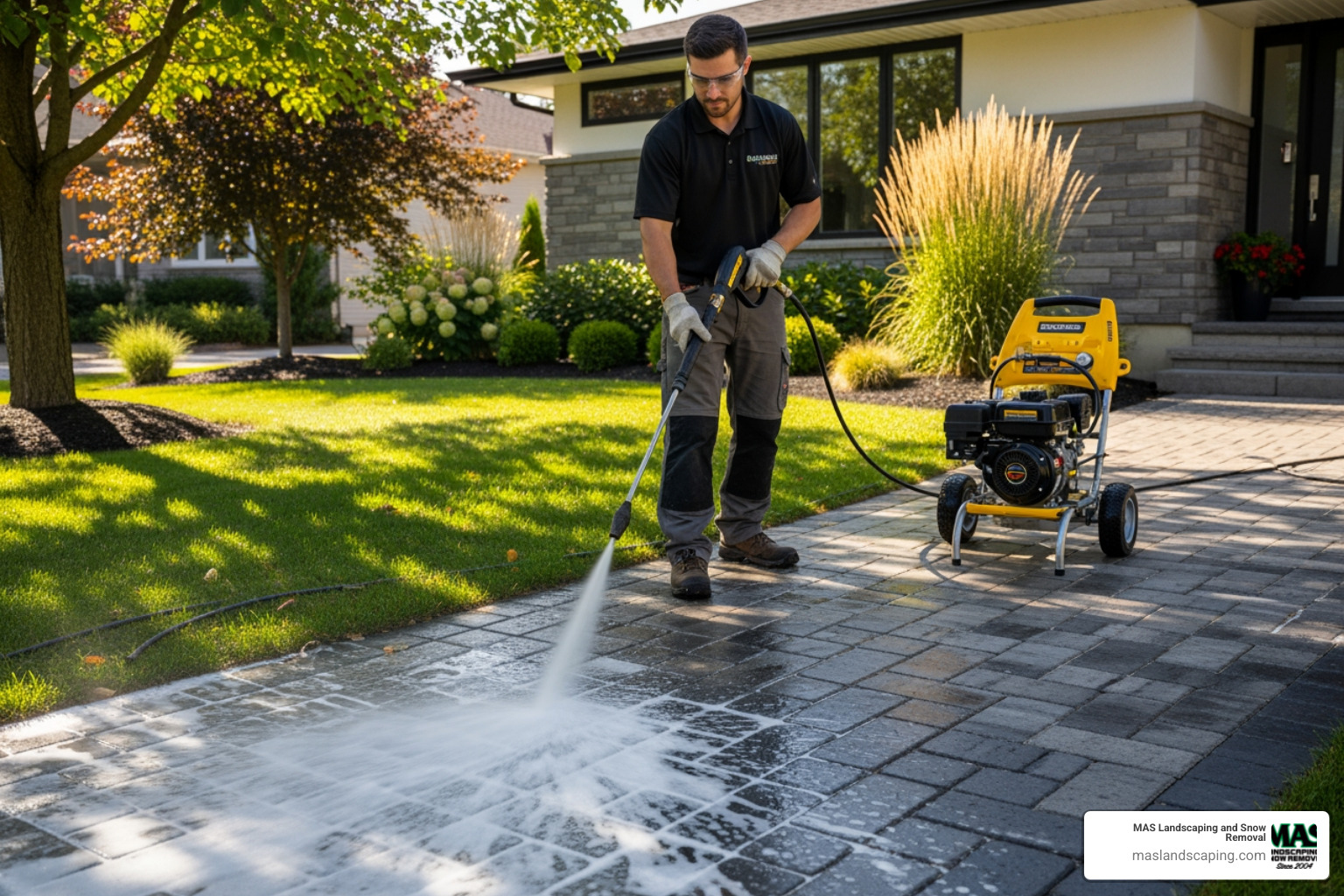 A professional landscaper expertly power washing a paver walkway, demonstrating the deep cleaning process. - paver restoration near me