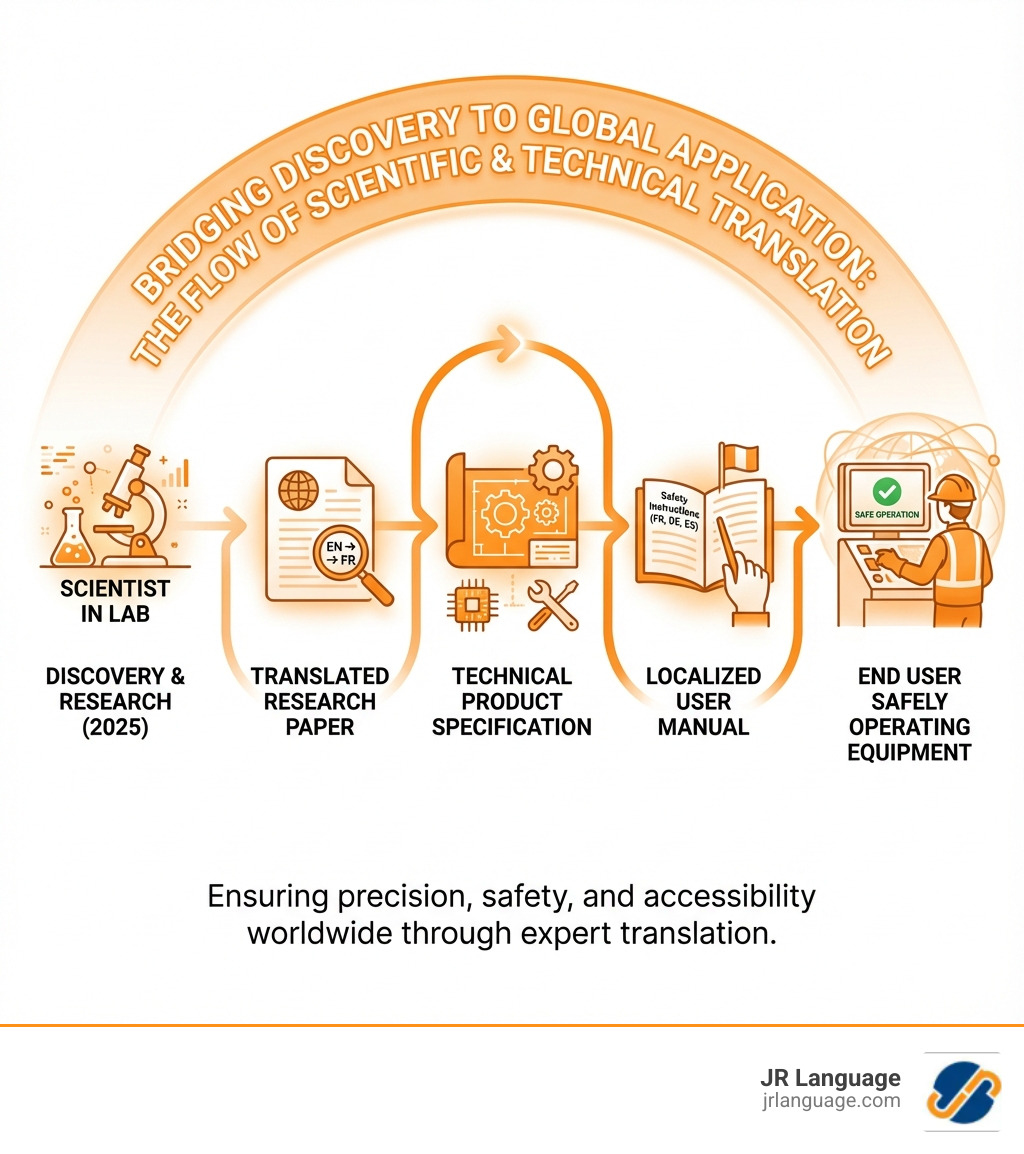 Infographic showing the flow from a scientist in a lab conducting research, to a translated research paper, to a technical product specification, to a localized user manual, to an an end user safely operating equipment—illustrating how scientific and technical translation bridges discovery to global application - scientific and technical translation infographic Infographic showing the flow from a scientist in a lab conducting research, to a translated research paper, to a technical product specification, to a localized user manual, to an an end user safely operating equipment—illustrating how scientific and technical translation bridges discovery to global application - scientific and technical translation infographic