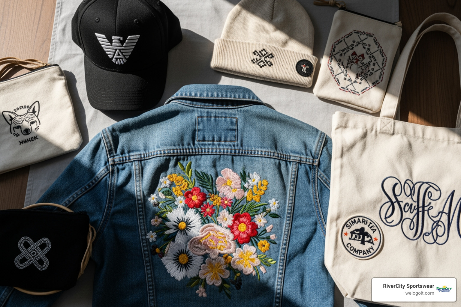 various embroidered items like hats, jackets, and bags - embroidery Kyle TX