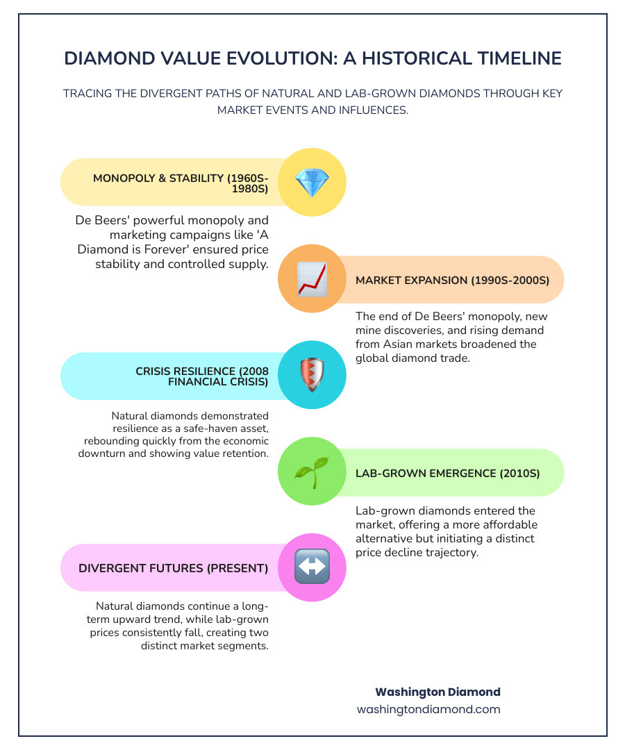 Infographic showing the historical timeline of diamond values from 1960s to present, with key economic events marked (De Beers monopoly era, 2008 financial crisis, lab-grown diamond emergence) and two diverging trend lines showing natural diamond price appreciation versus lab-grown diamond price decline, including factors like mining costs, consumer demand, market competition, and currency impacts - diamond values by year infographic infographic-line-5-steps-colors
