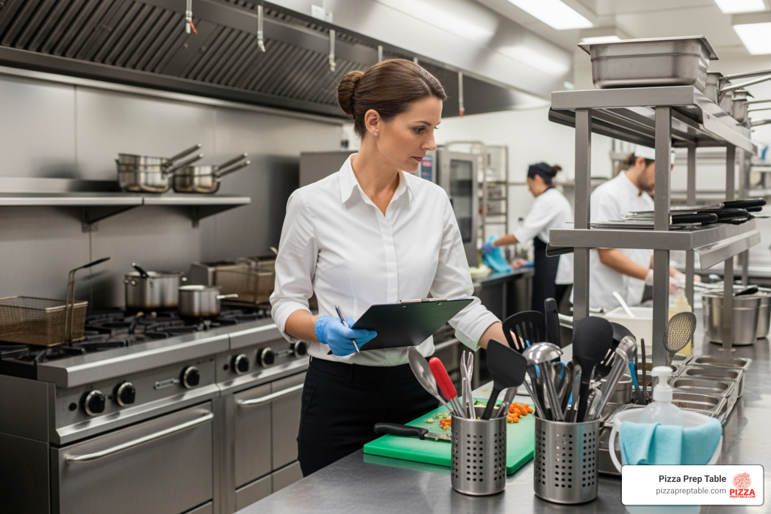 A health inspector, clipboard in hand, meticulously reviewing a kitchen checklist, emphasizing the importance of adherence to health codes and regulations. - San Diego commercial kitchen