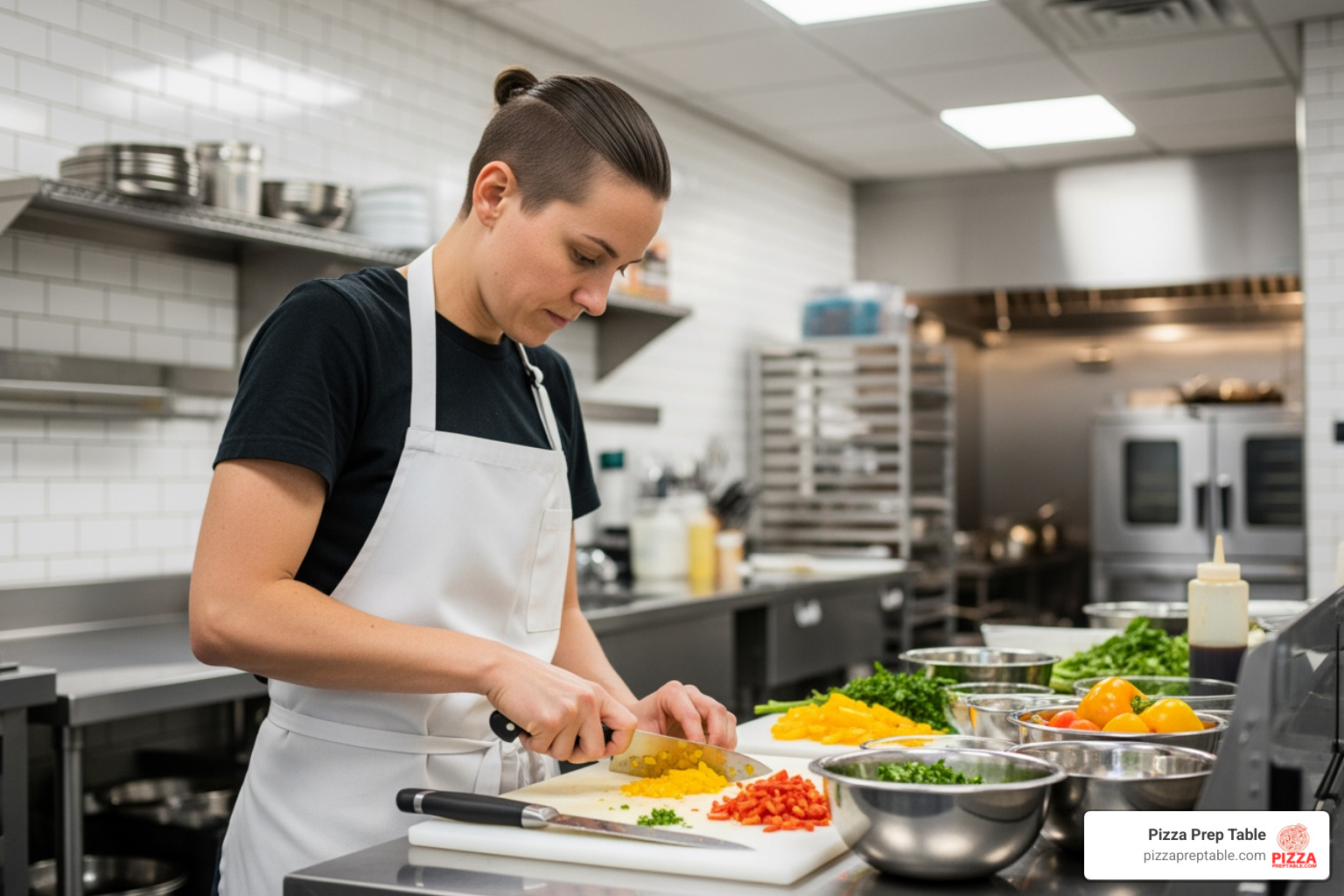 A food entrepreneur working diligently in a shared commercial kitchen space, preparing ingredients with focus and precision. - San Diego commercial kitchen