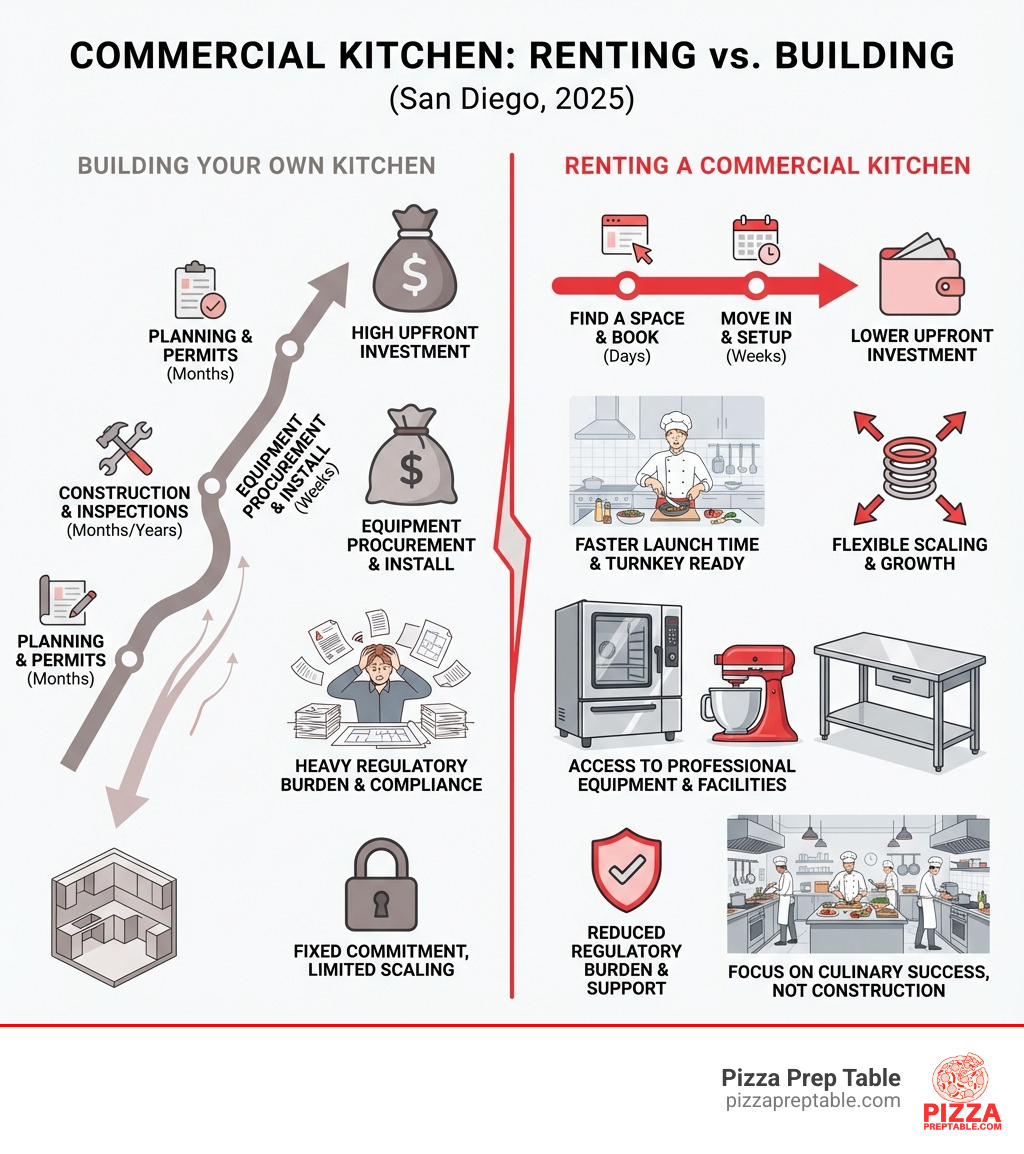 Infographic comparing the costs and timelines of renting versus building a commercial kitchen, showing rental benefits including lower upfront investment, faster launch time, flexible scaling, access to professional equipment, and reduced regulatory burden - San Diego commercial kitchen infographic 