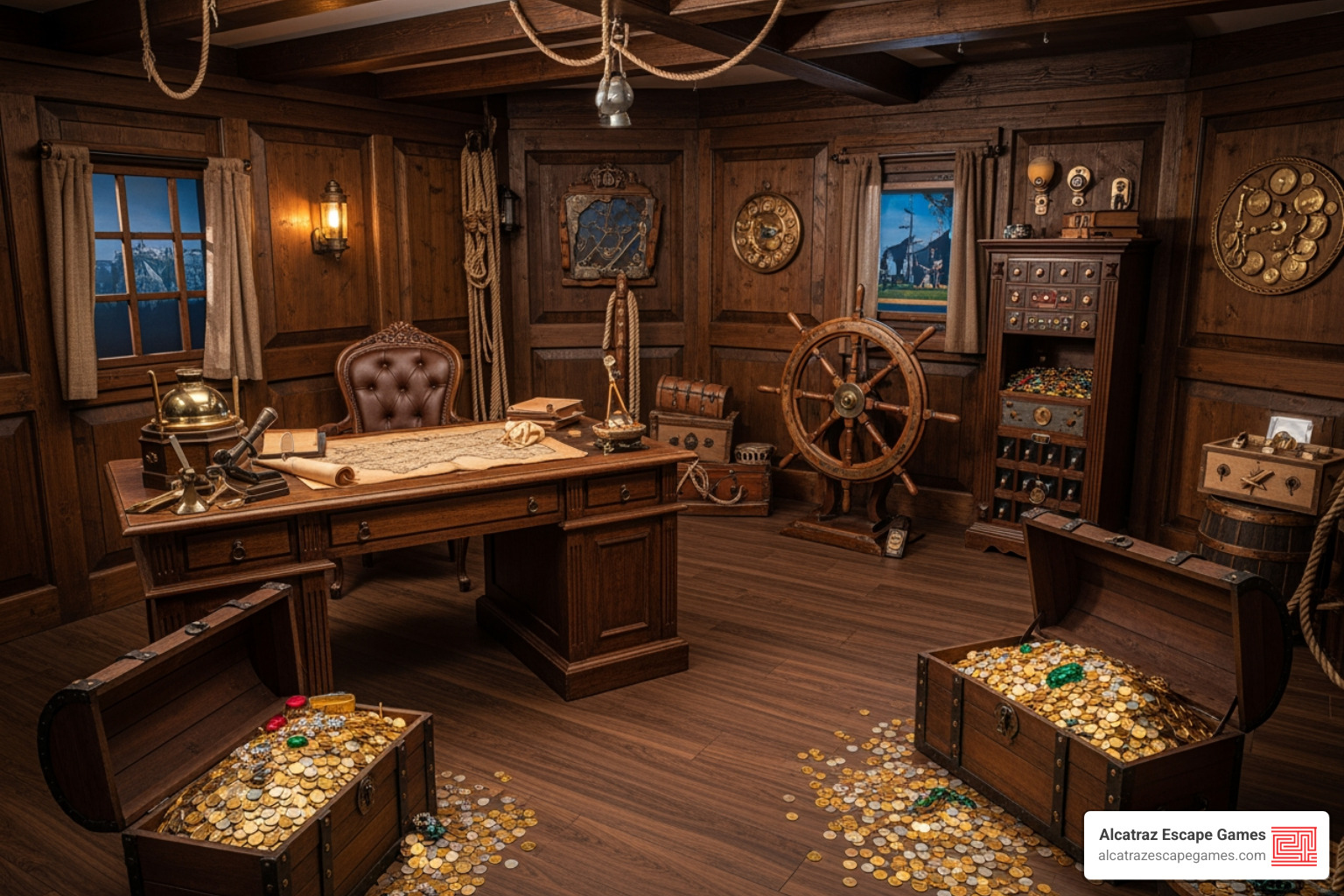 A detailed, movie-set quality escape room depicting a pirate ship's captain's quarters with treasure chests and maps - escape room draper utah