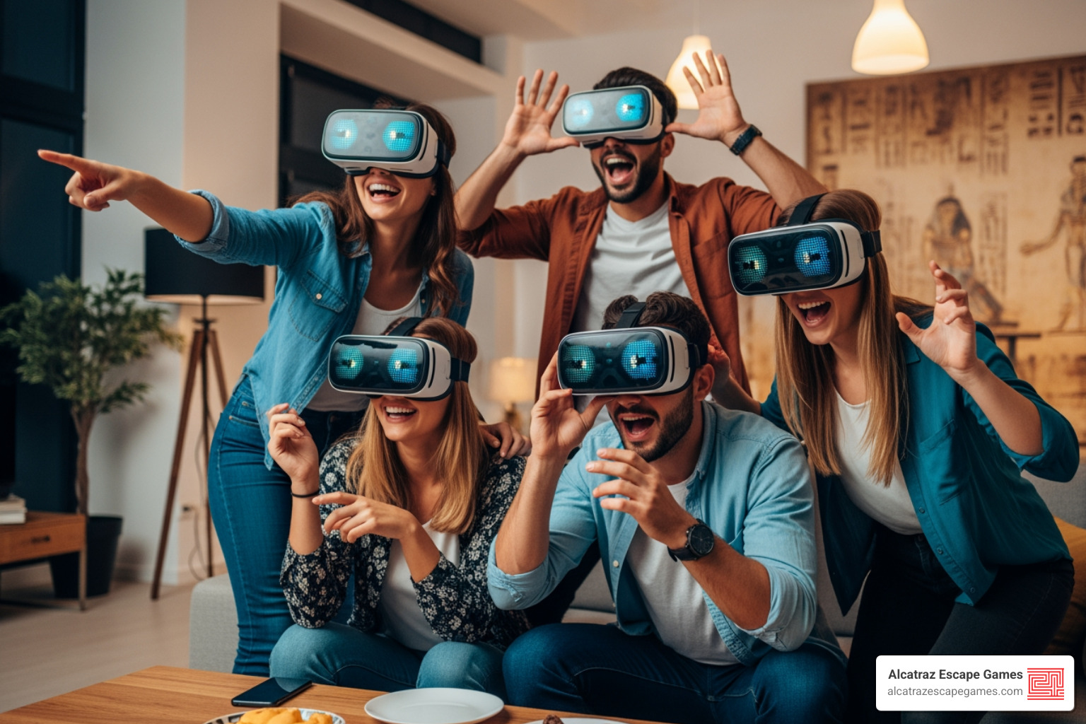 A group of friends wearing VR headsets, laughing and gesturing as they interact with a virtual escape room environment - escape room draper utah