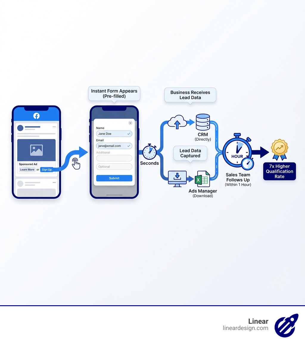 Infographic showing the complete Facebook lead generation flow: User sees ad in Facebook feed, clicks call-to-action button, instant form appears pre-filled with their Facebook data, user reviews and submits form in seconds, business receives lead data directly in CRM or downloads from Ads Manager, sales team follows up within one hour for 7x higher qualification rate - Facebook lead generation infographic 