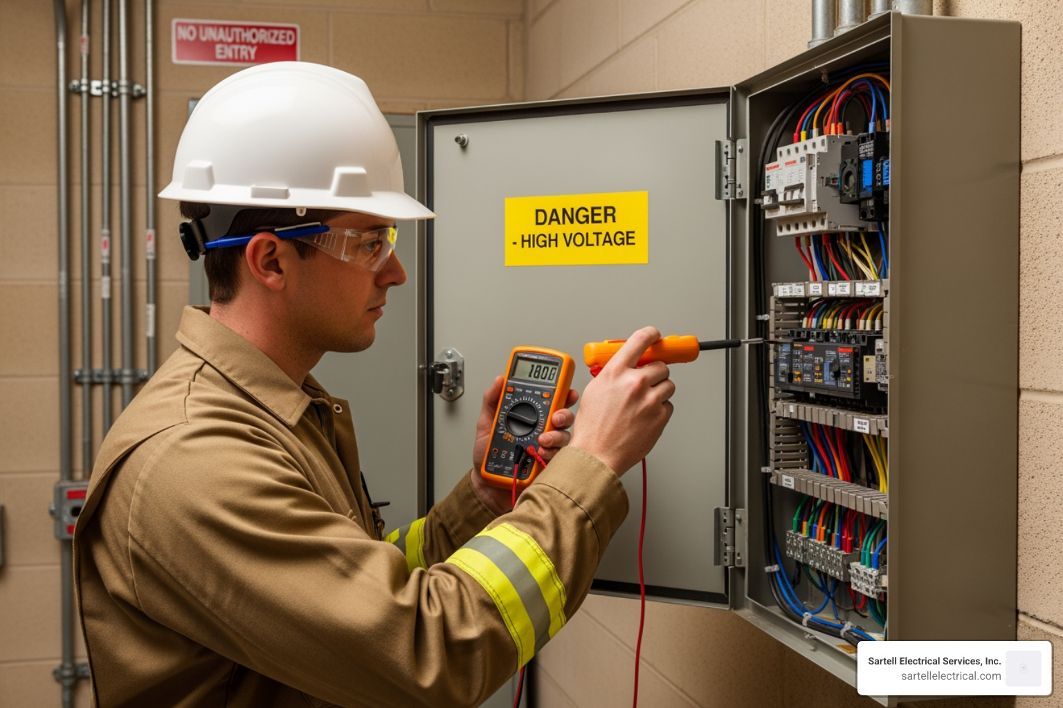 electrician performing a safety inspection on an electrical panel - Essex County Electricians electrician performing a safety inspection on an electrical panel - Essex County Electricians