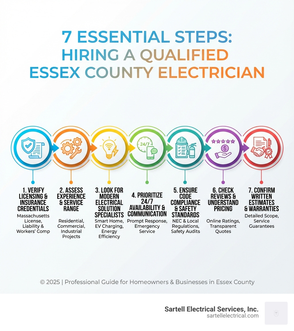 infographic showing the 7 essential steps to hiring a qualified Essex County electrician: 1) Verify licensing and insurance credentials, 2) Assess experience and service range, 3) Look for modern electrical solution specialists, 4) Prioritize 24/7 availability and communication, 5) Ensure code compliance and safety standards, 6) Check reviews and understand pricing, 7) Confirm written estimates and warranties - Essex County Electricians infographic infographic showing the 7 essential steps to hiring a qualified Essex County electrician: 1) Verify licensing and insurance credentials, 2) Assess experience and service range, 3) Look for modern electrical solution specialists, 4) Prioritize 24/7 availability and communication, 5) Ensure code compliance and safety standards, 6) Check reviews and understand pricing, 7) Confirm written estimates and warranties - Essex County Electricians infographic