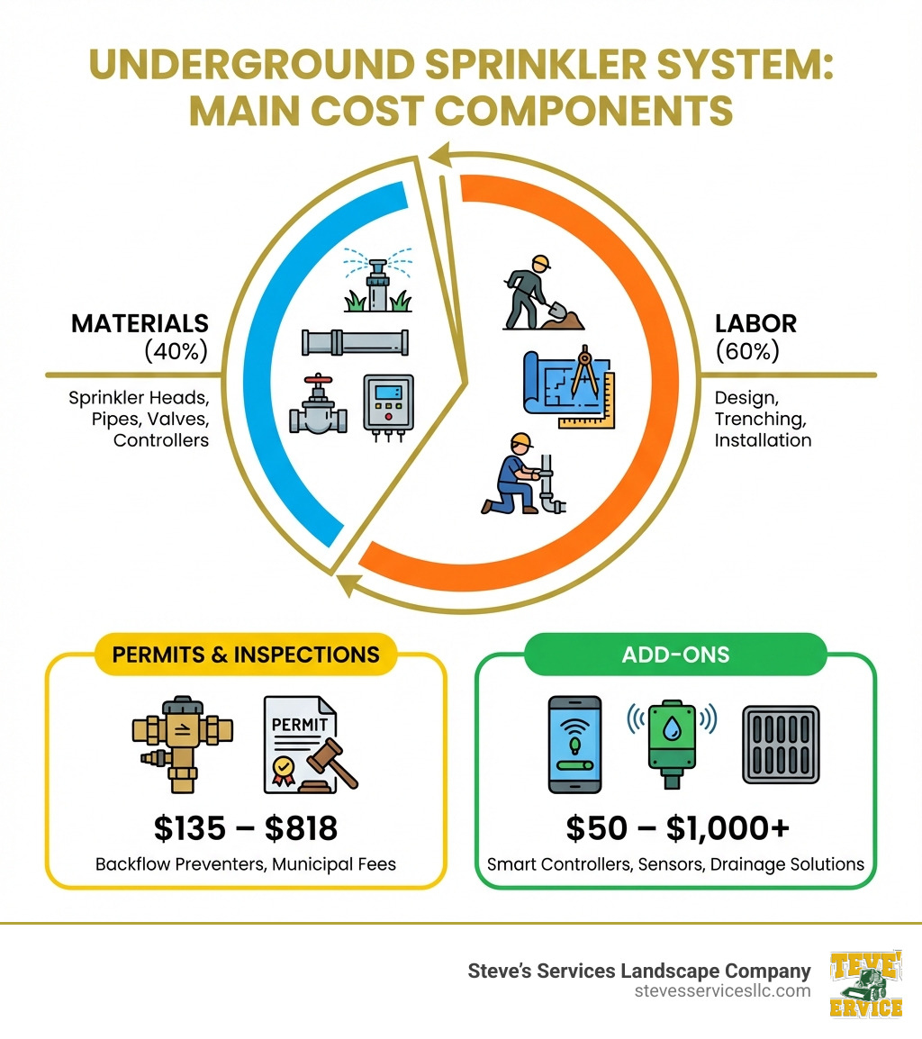 Infographic showing the four main cost components of an underground sprinkler system: Materials (sprinkler heads, pipes, valves, controllers) accounting for 40% of costs; Labor (design, trenching, installation) accounting for 60% of costs; Permits and Inspections (backflow preventers, municipal fees) ranging from $135-$818; and Add-ons (smart controllers, sensors, drainage solutions) ranging from $50-$1,000+ - how much does a underground sprinkler system cost infographic 
