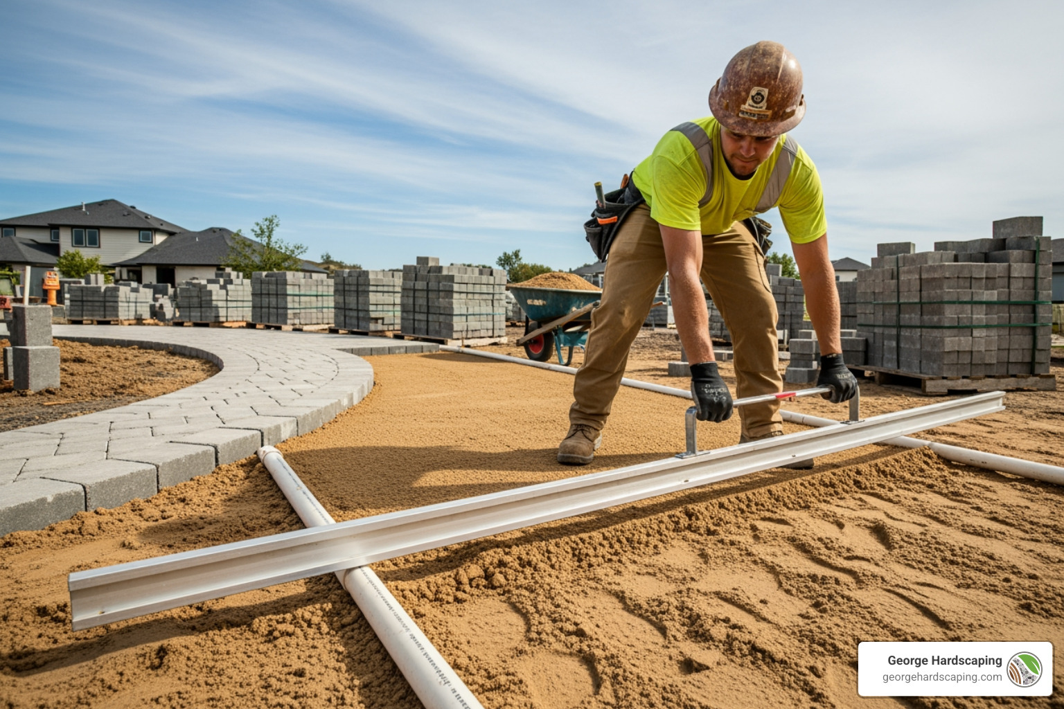 worker screeding sand base - Interlocking paver walkway
