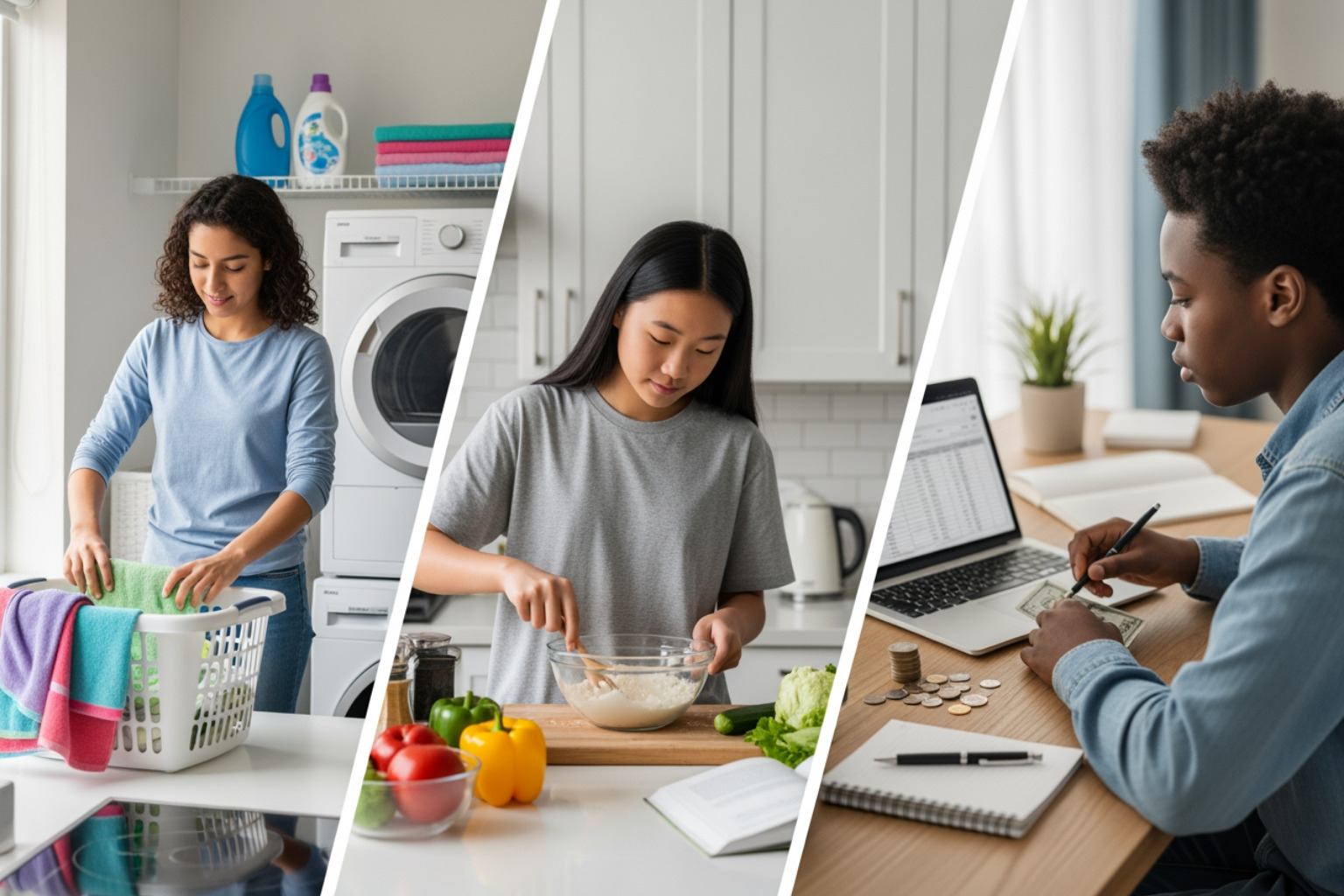 teens cooking, managing money, and doing laundry collage - Life skills for teens teens cooking, managing money, and doing laundry collage - Life skills for teens