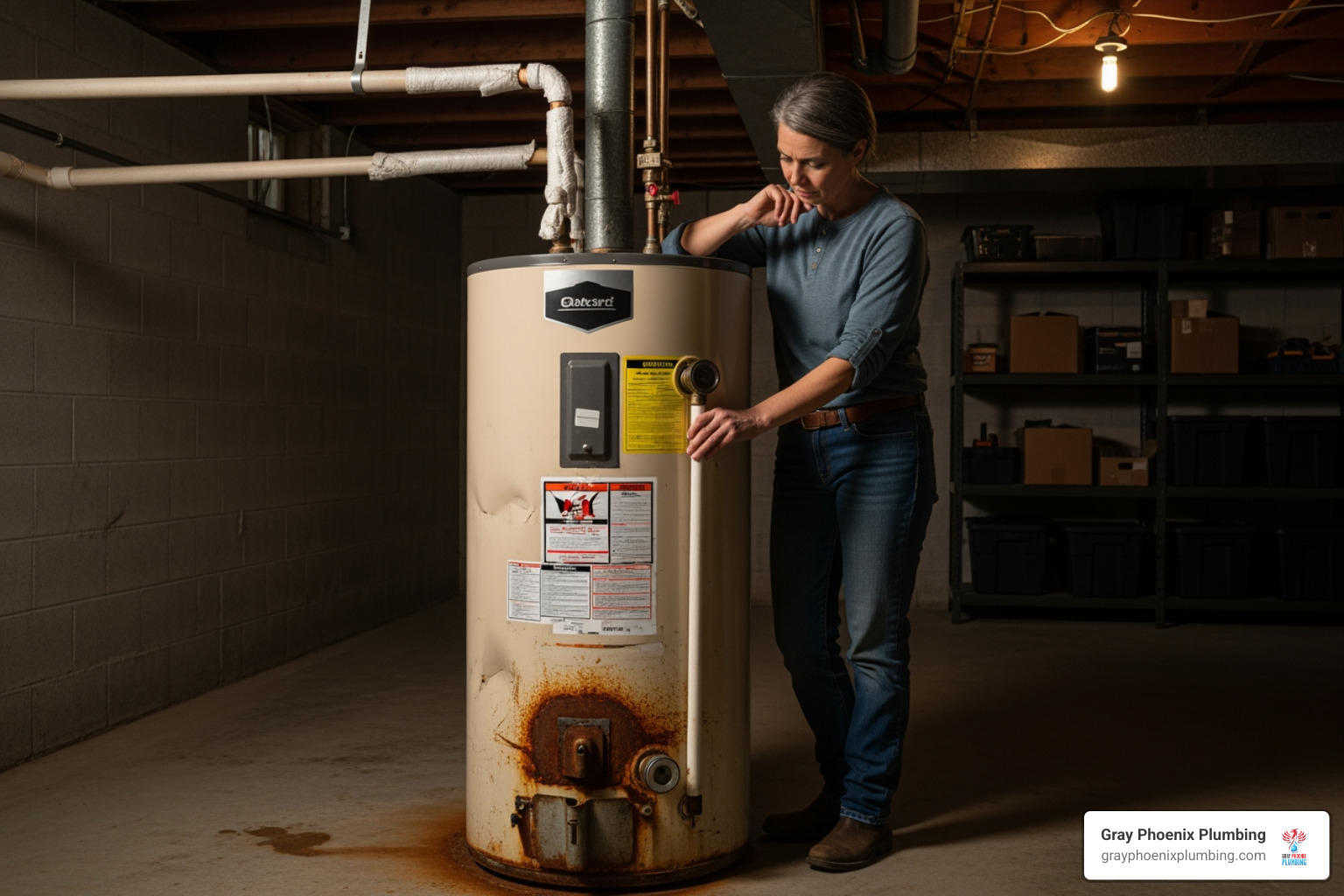 homeowner looking thoughtfully at their old water heater - water heater service near me homeowner looking thoughtfully at their old water heater - water heater service near me