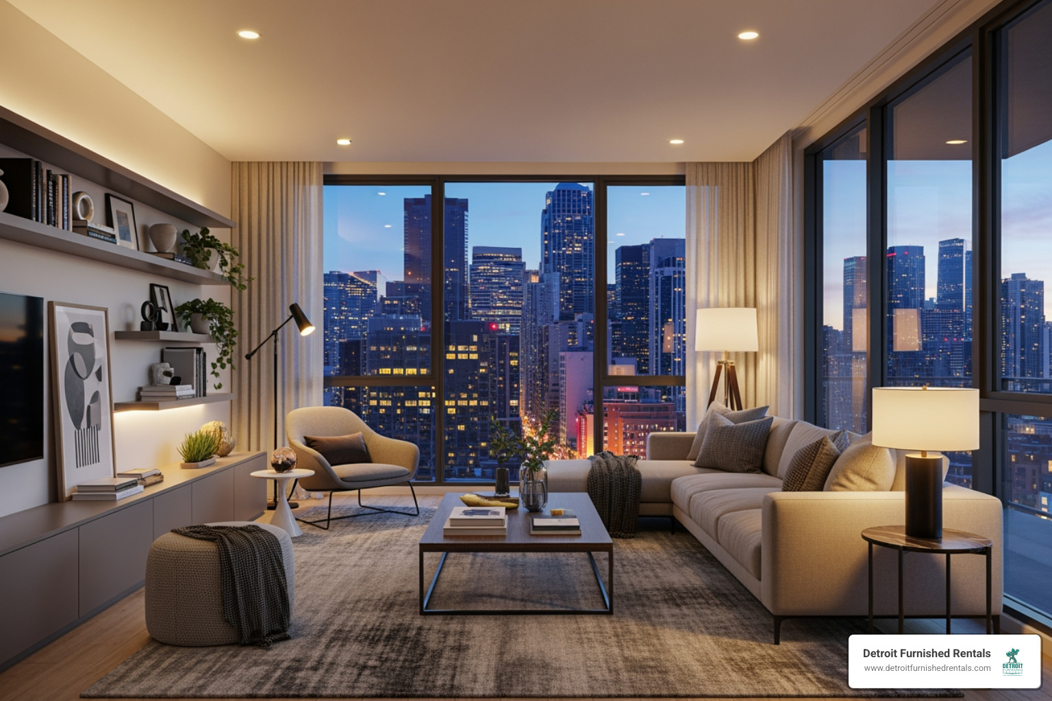 modern, stylish apartment living room with floor-to-ceiling windows - Luxury Detroit apartments