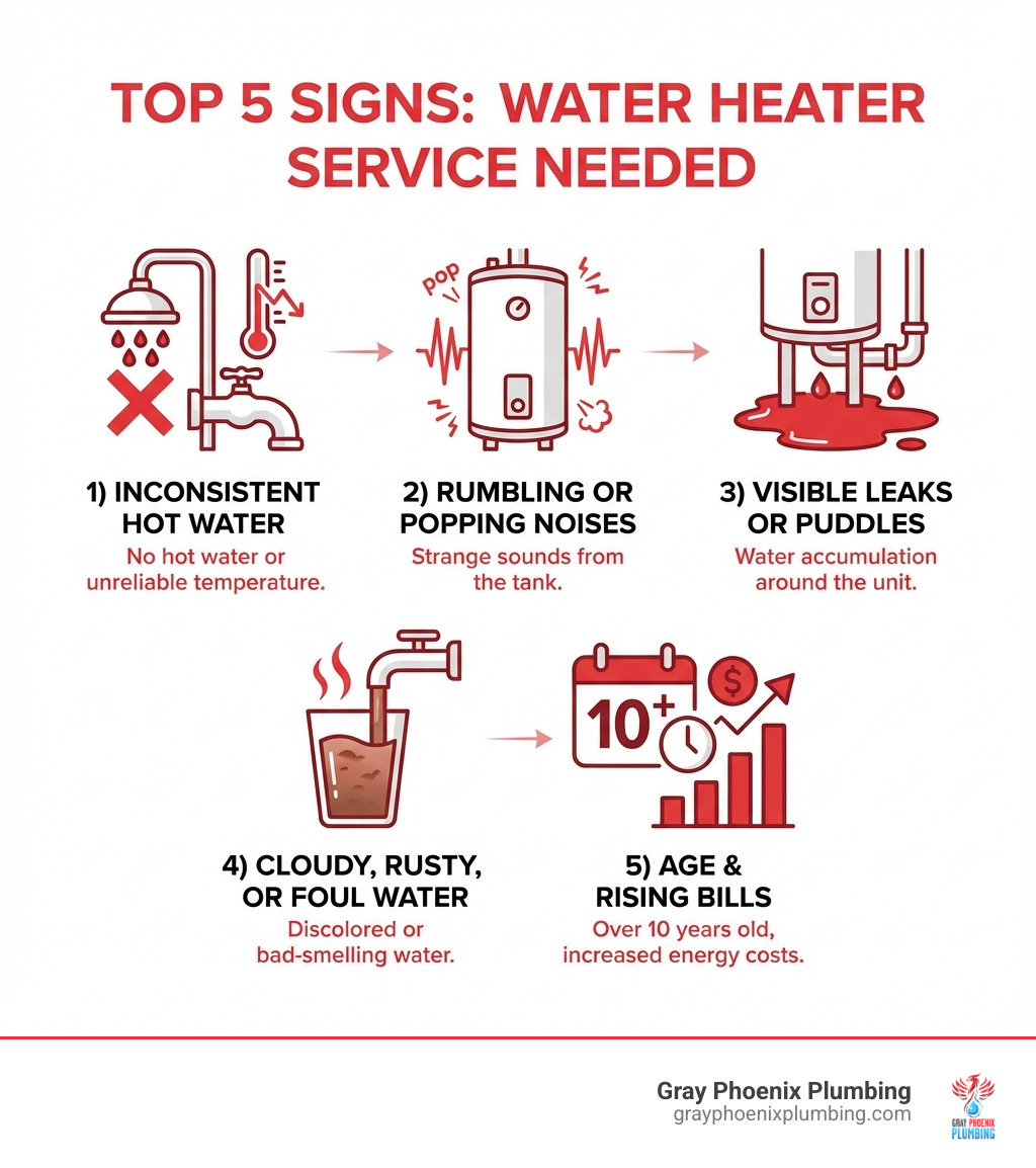 Infographic showing the top 5 signs your water heater needs service: 1) No hot water or inconsistent temperature, 2) Rumbling or popping noises from the tank, 3) Visible leaks or puddles around the unit, 4) Cloudy, rusty, or foul-smelling water, 5) Unit is over 10 years old with rising energy bills - water heater service near me infographic Infographic showing the top 5 signs your water heater needs service: 1) No hot water or inconsistent temperature, 2) Rumbling or popping noises from the tank, 3) Visible leaks or puddles around the unit, 4) Cloudy, rusty, or foul-smelling water, 5) Unit is over 10 years old with rising energy bills - water heater service near me infographic
