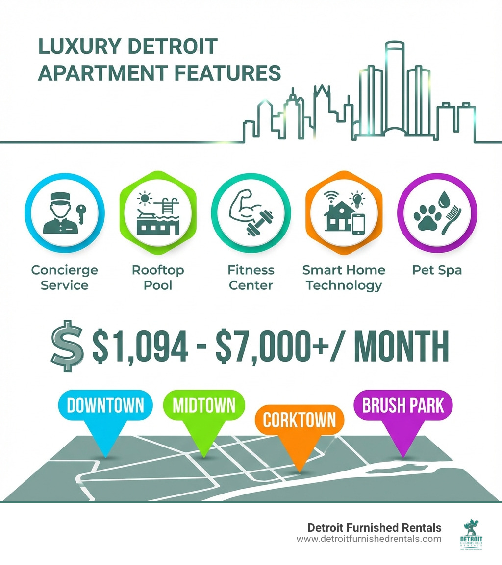 infographic showing luxury Detroit apartment features including concierge service icon, rooftop pool icon, fitness center icon, smart home technology icon, pet spa icon, and price ranges from $1,094 to $7,000+ per month, with neighborhood markers for Downtown, Midtown, Corktown, and Brush Park - Luxury Detroit apartments infographic 