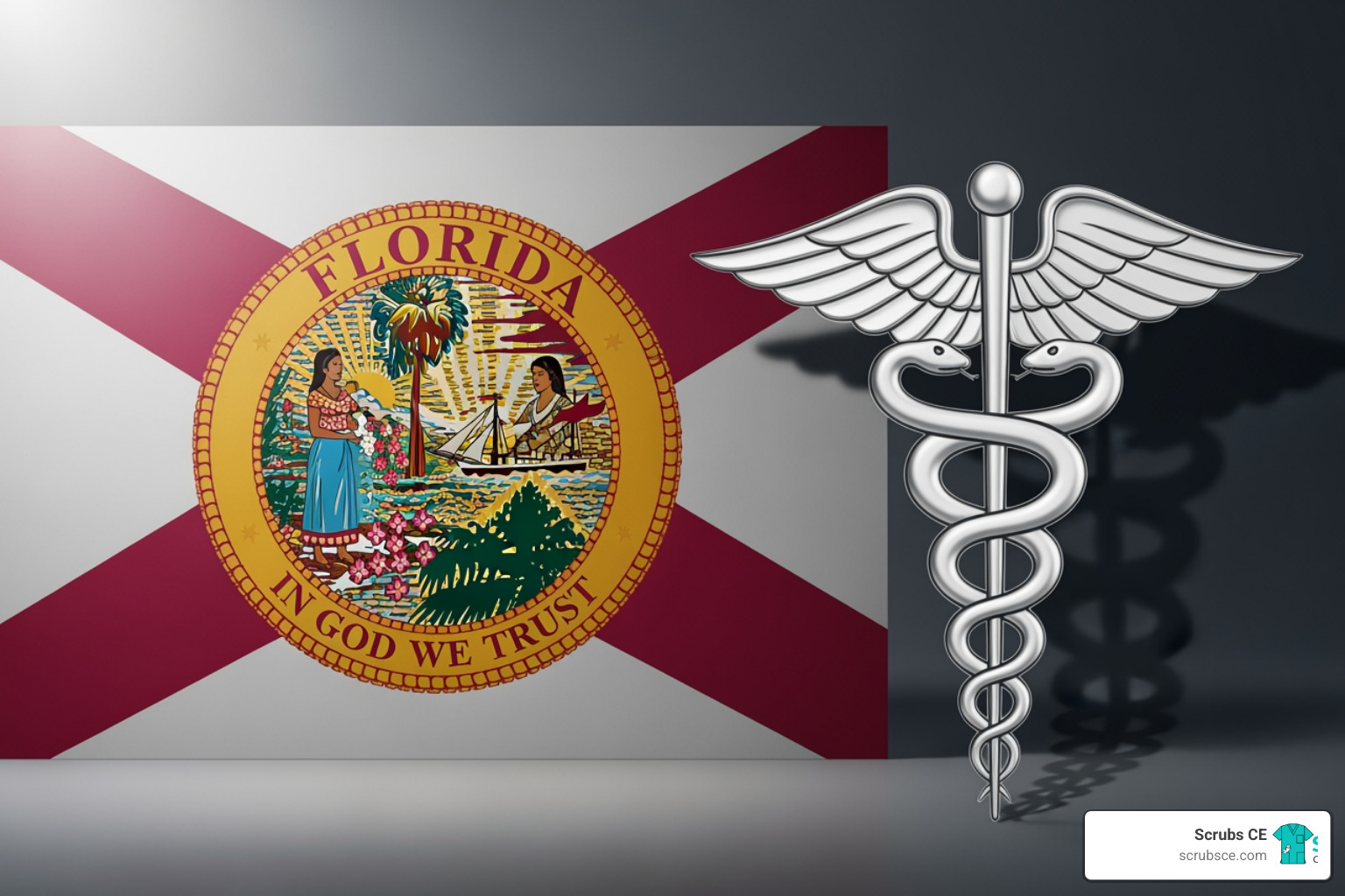 Florida state seal next to a caduceus symbol - radiology CE Florida Florida state seal next to a caduceus symbol - radiology CE Florida