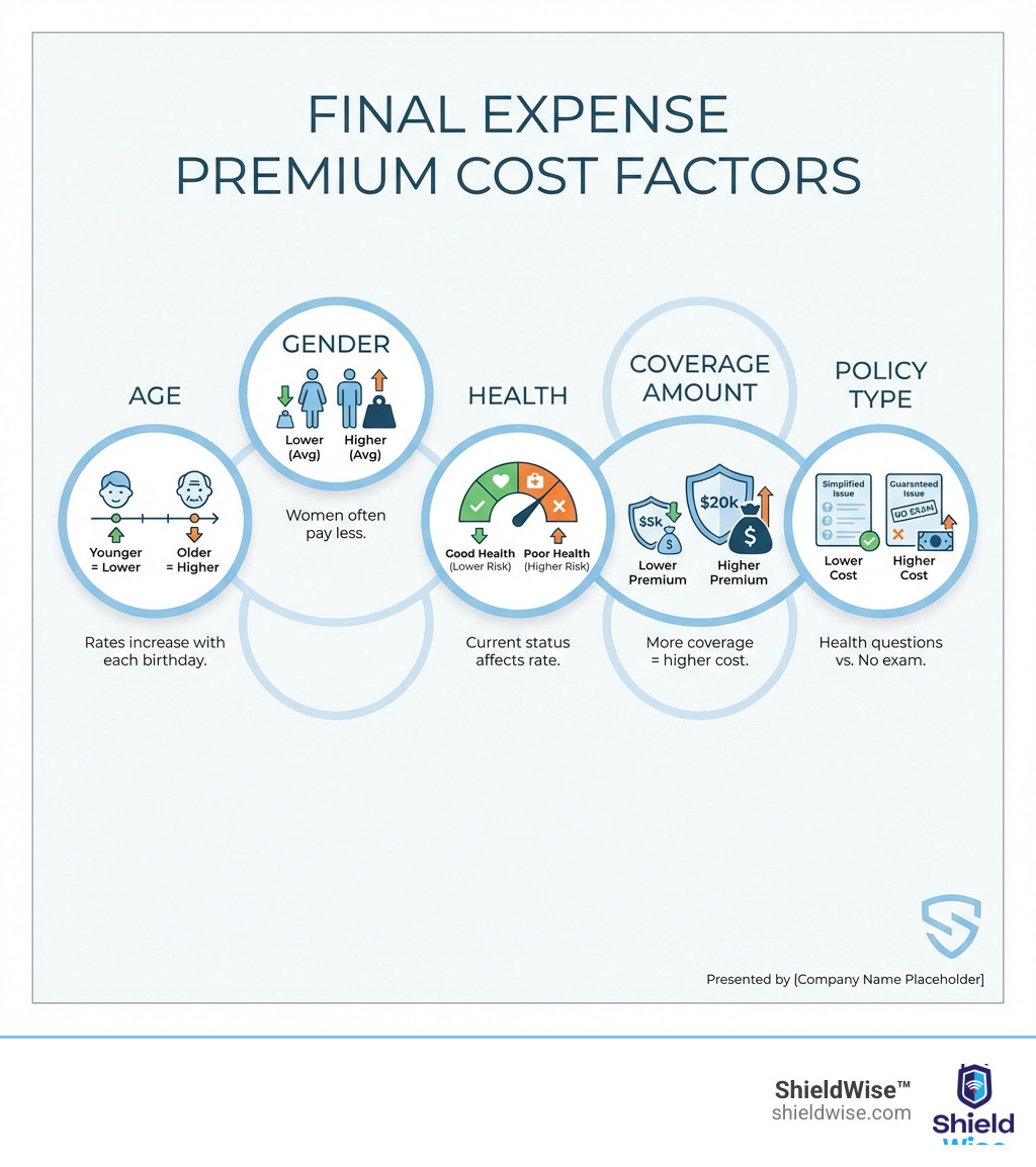 infographic showing premium cost factors: age, gender, health, coverage amount, and policy type - Final expense insurance for seniors infographic 