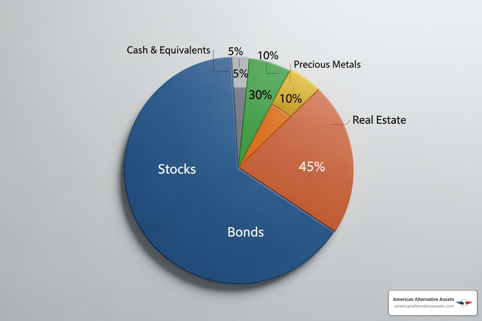 pie chart showing a diversified portfolio including real estate and precious metals - Wealth preservation strategies