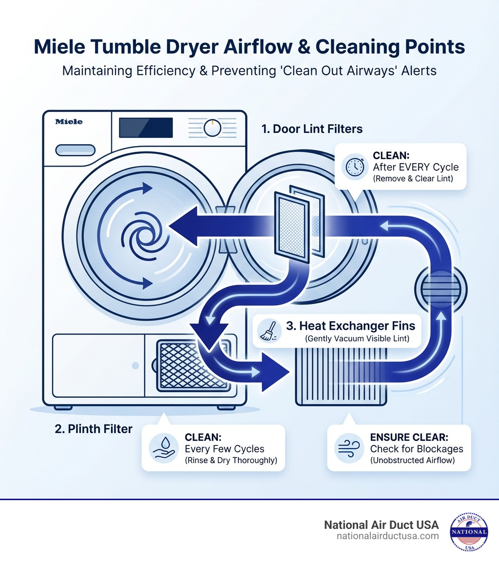 Infographic showing the airflow path in a Miele tumble dryer, with arrows indicating air movement from the drum through the lint filters in the door opening, down to the plinth filter at the heat exchanger access panel, through the heat exchanger cooling fins, and out through the external vent. Each filter location is clearly labeled with cleaning frequency recommendations. - miele tumble dryer clean out airways infographic 