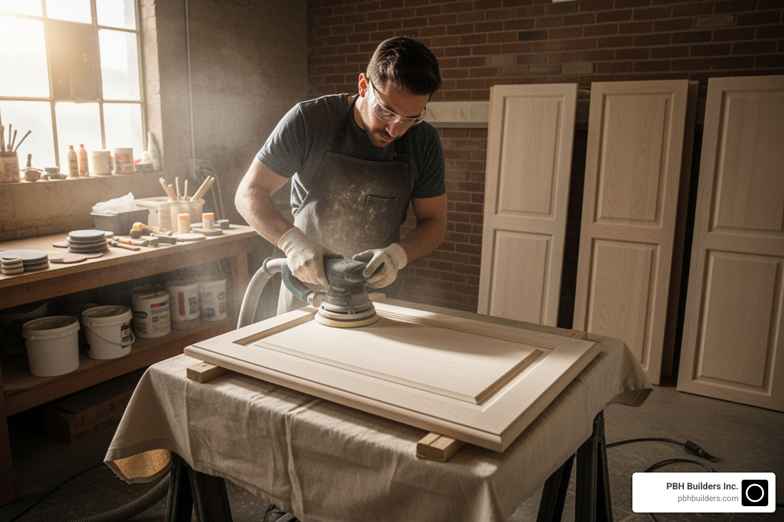 professional refinisher carefully prepping cabinet doors in a workshop - refinish cabinets san diego