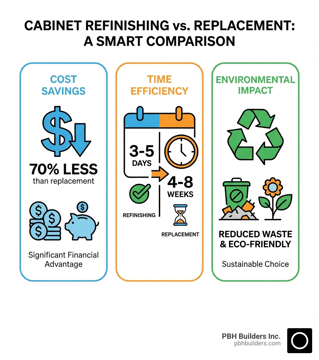 Infographic comparing cabinet refinishing to replacement showing three columns: Cost Savings with 70% less than replacement and dollar signs, Time Efficiency with 3-5 days versus 4-8 weeks calendar icons, and Environmental Impact with recycling symbol and reduced waste icons - refinish cabinets san diego infographic 