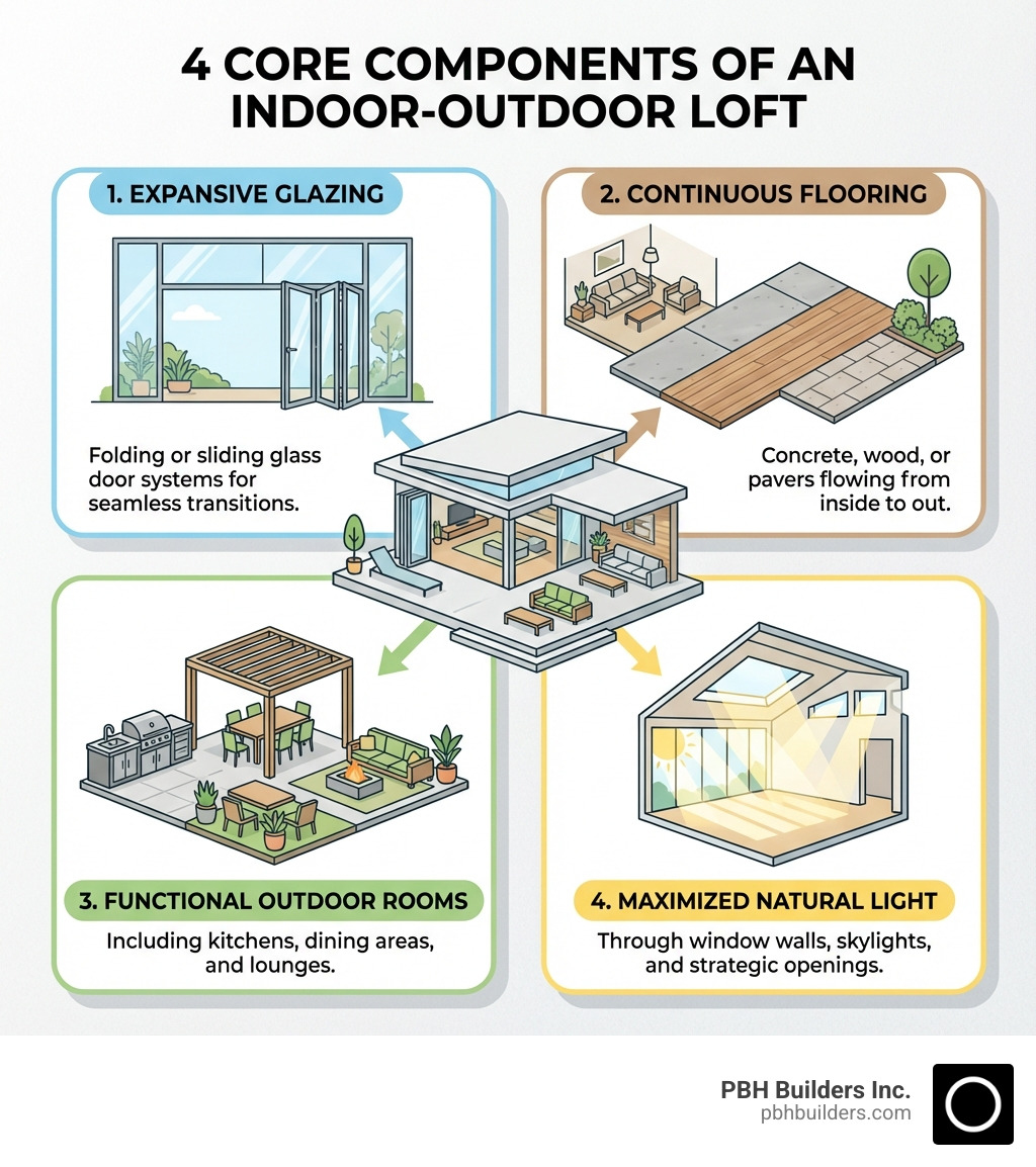 infographic showing four core components of an indoor-outdoor loft: 1. Expansive Glazing with folding or sliding glass door systems 2. Continuous Flooring using concrete, wood, or pavers that flows from inside to outside 3. Functional Outdoor Rooms including kitchens, dining areas, and lounges 4. Maximized Natural Light through window walls, skylights, and strategic openings - indoor outdoor living loft infographic 