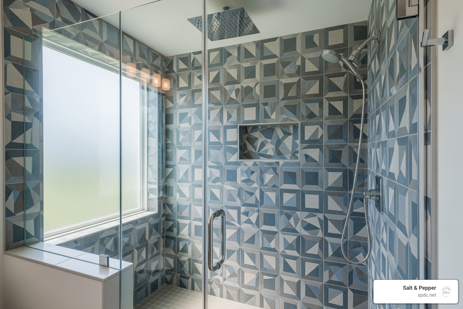 Walk-in shower with frameless glass and unique tilework - Bathroom Remodeling Tampa Bay Walk-in shower with frameless glass and unique tilework - Bathroom Remodeling Tampa Bay
