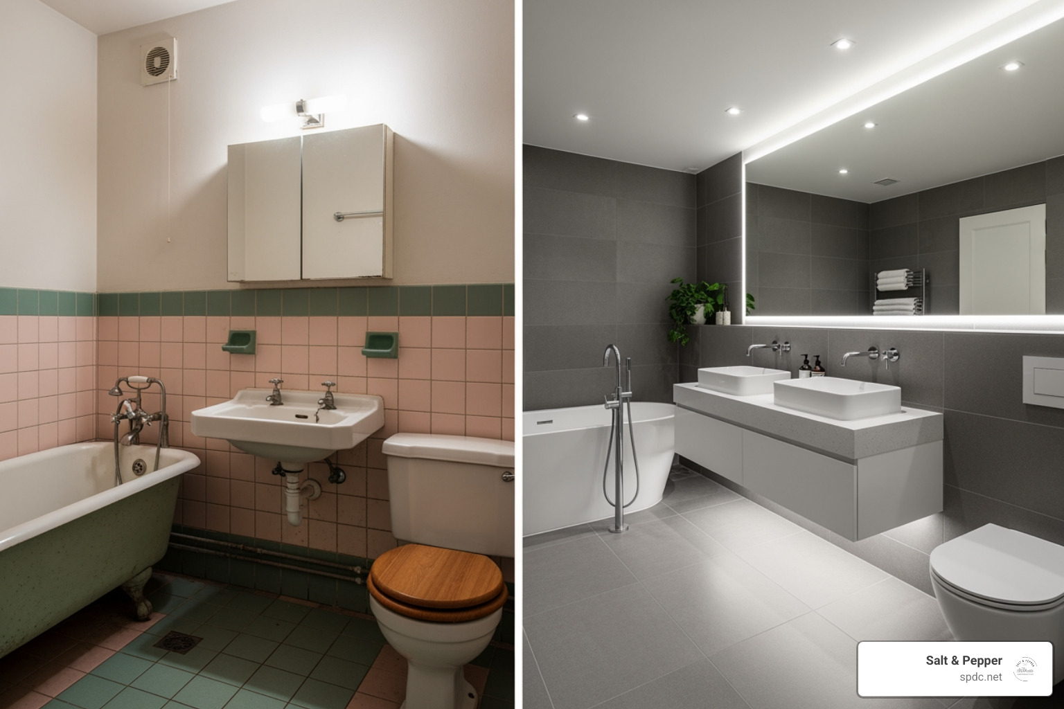 Outdated bathroom next to a modern, updated one - Bathroom Remodeling Tampa Bay Outdated bathroom next to a modern, updated one - Bathroom Remodeling Tampa Bay