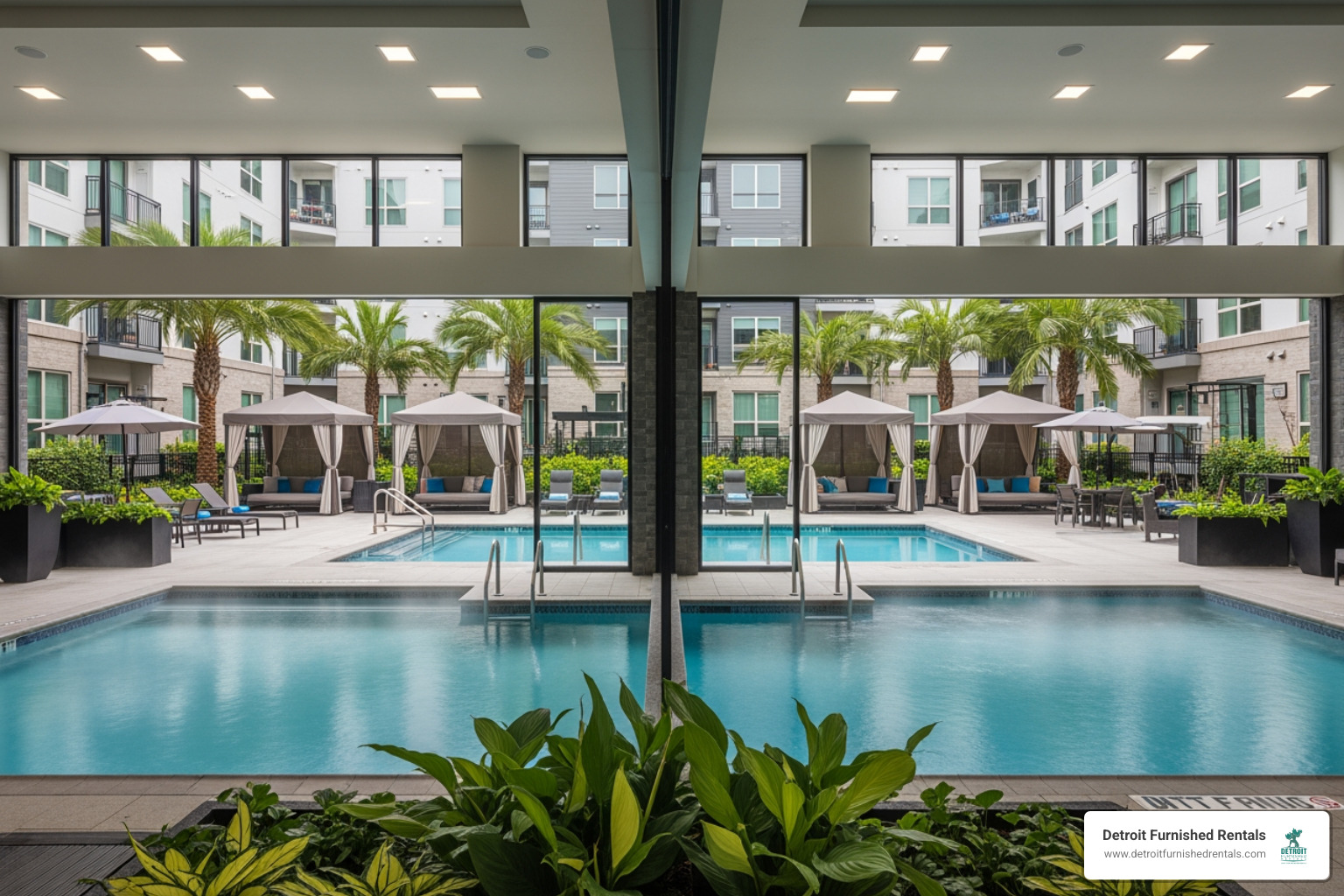 resort-style indoor and outdoor heated pool area with cabanas - cbd detroit apartments