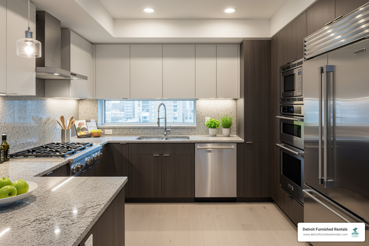 modern apartment interior showcasing the kitchen with granite countertops and stainless steel appliances - cbd detroit apartments