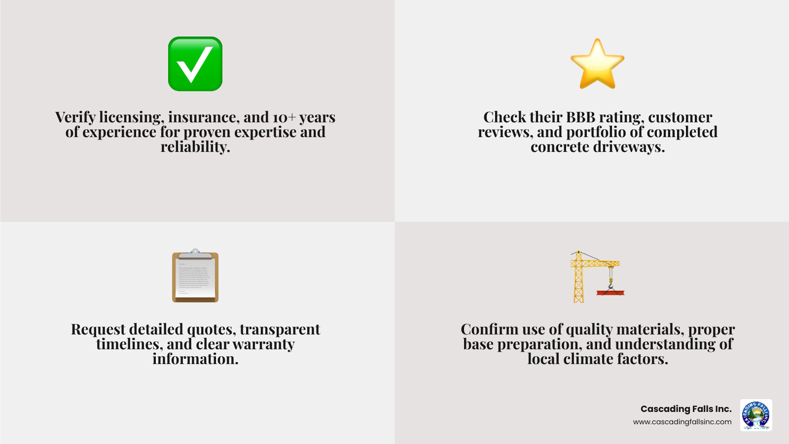 Infographic showing the key factors to consider when hiring concrete driveway contractors: verify licensing and insurance, check years of experience and BBB rating, review portfolio and customer testimonials, compare detailed quotes from 3+ contractors, confirm they use proper base preparation and reinforcement methods, ask about warranty and maintenance recommendations, ensure they understand local climate considerations - concrete driveway contractors infographic 4_facts_emoji_grey