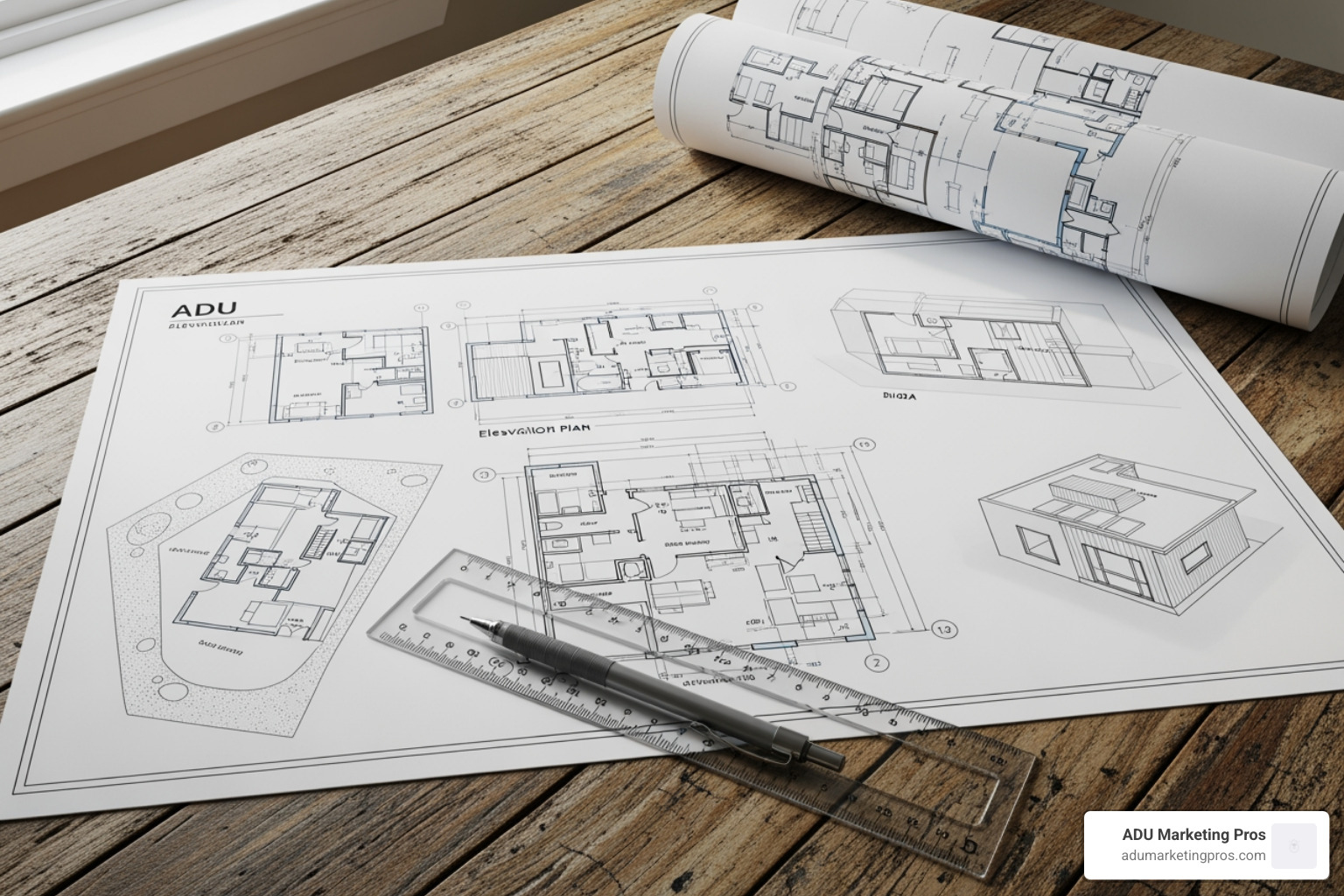 architectural blueprints for an ADU laid out on a wooden table - adu builders in bay area