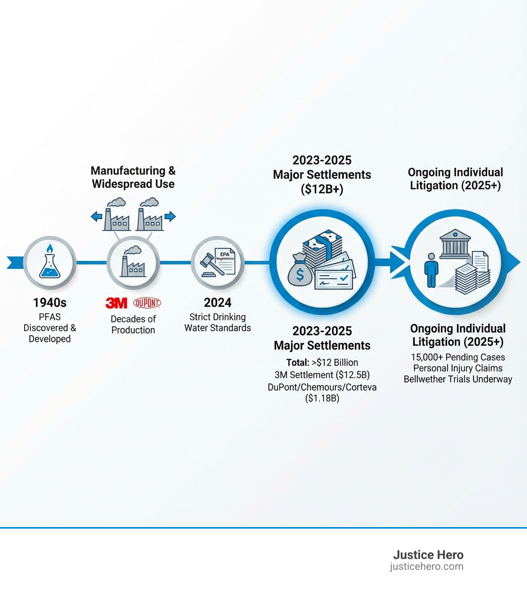 Infographic showing PFAS lawsuit settlement timeline from discovery in 1940s through manufacturing by 3M and DuPont, EPA regulations in 2024, major settlements totaling $12B+ in 2023-2025, and ongoing individual litigation with 15,000+ pending cases - pfas lawsuit settlement infographic 