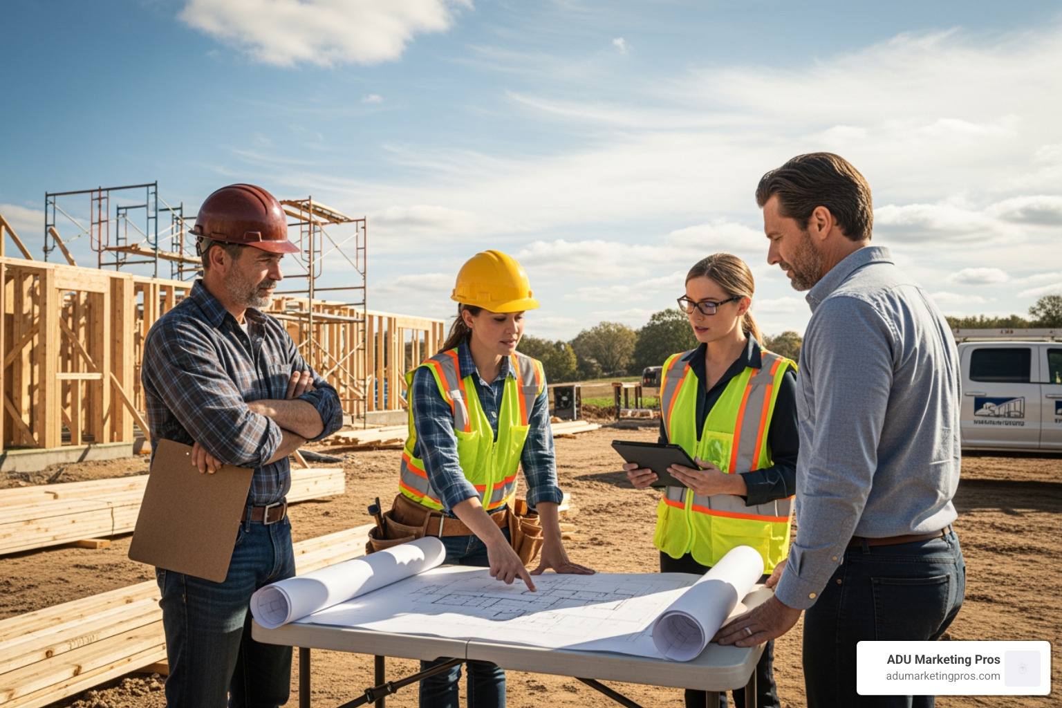 Construction team meeting with a homeowner on-site, looking at blueprints - Experienced ADU builders