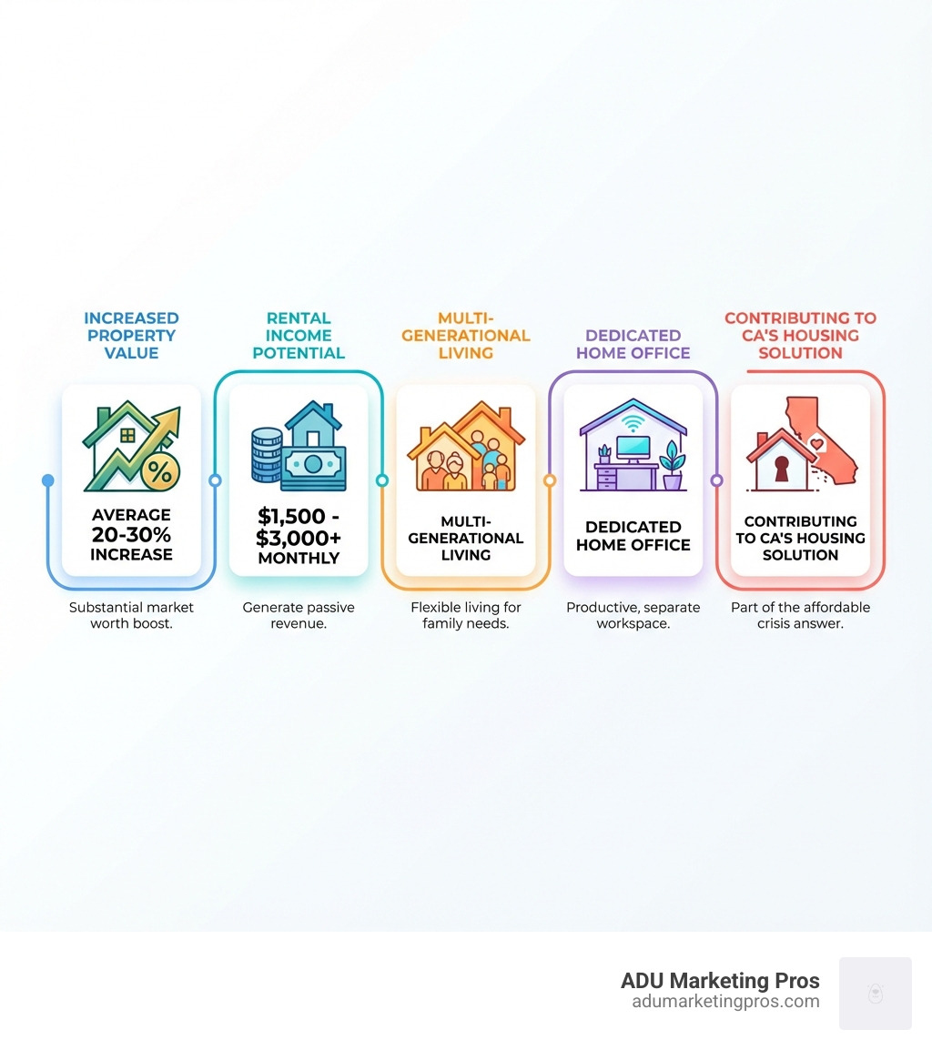 Infographic showing the key benefits of building an ADU including increased property value (average 20-30% increase), rental income potential ($1,500-$3,000+ monthly), multi-generational living solutions, dedicated home office space, and contributing to California's affordable housing crisis solution, with icons and statistics for each benefit - Experienced ADU builders infographic 